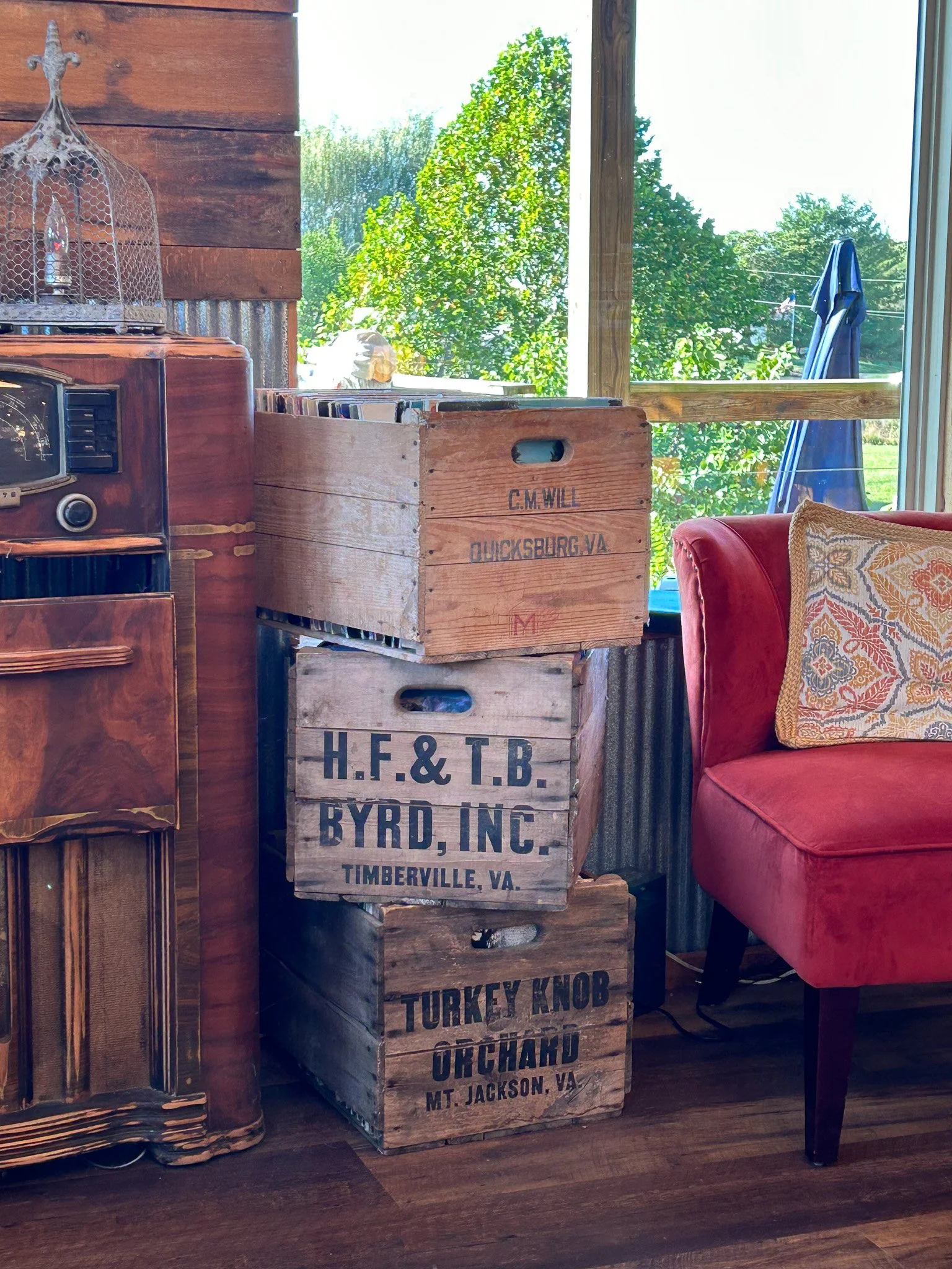 Some old local crates on display at Third Hill Winery in Quicksburg, VA.