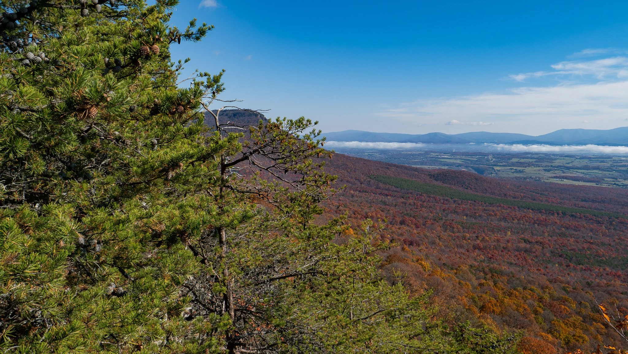 A view from the deck at the overlook from the Storybrook Trail in New Market, VA. Looking at the Blue Ridge Mountains in the background.