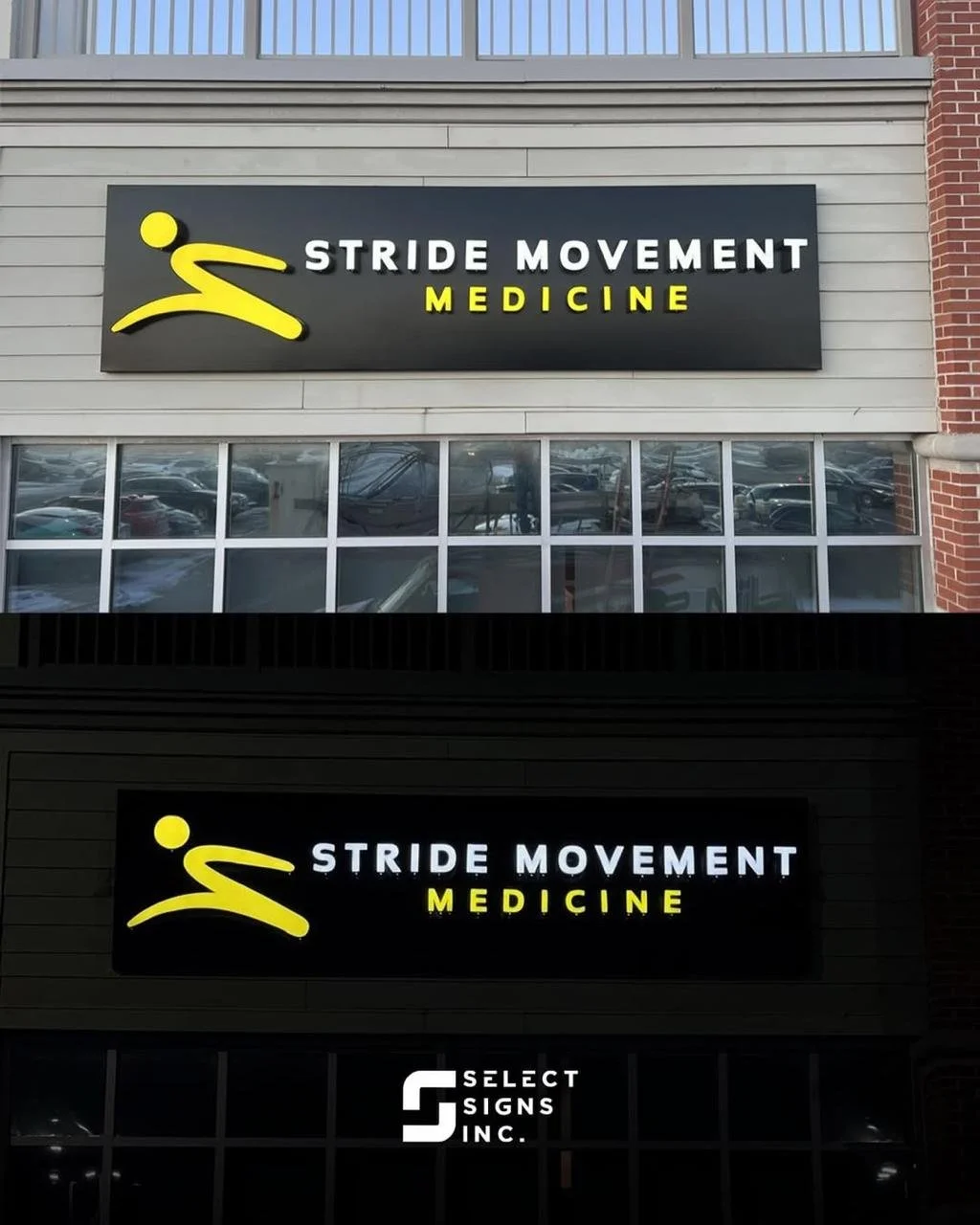 Sign for 'Stride Movement Medicine' with a yellow abstract running figure logo on a black background. The sign is displayed on the building's exterior, shown in two lighting conditions, day and night.