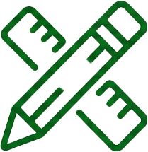 A digital illustration of a pencil crossed with a ruler, both outlined in green.