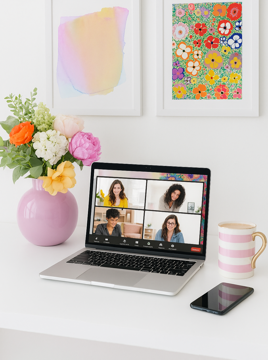 A laptop open on a desk with pretty flowers and coffee mug, showing a circle of business women meeting virtually to dissolve the hidden blocks and negative beliefs holding their business back