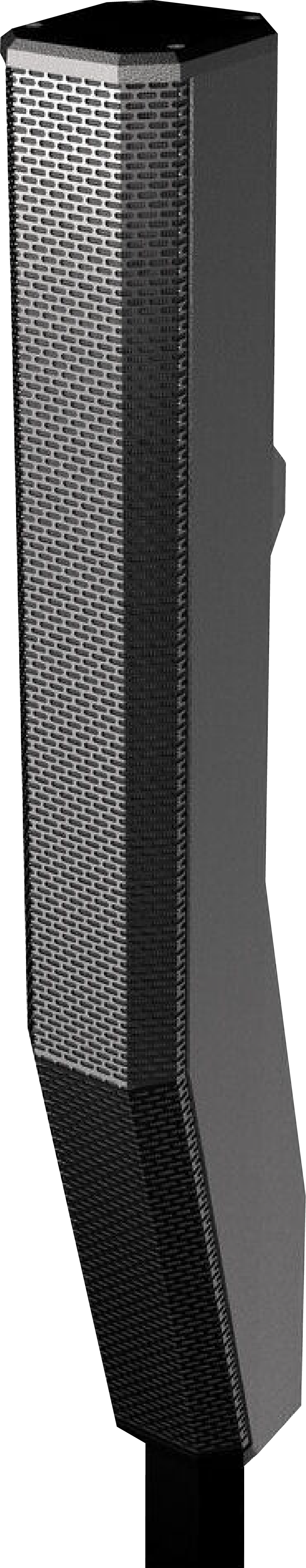 	
A tall, black, curved column speaker with a metal grille on the front and a textured surface.