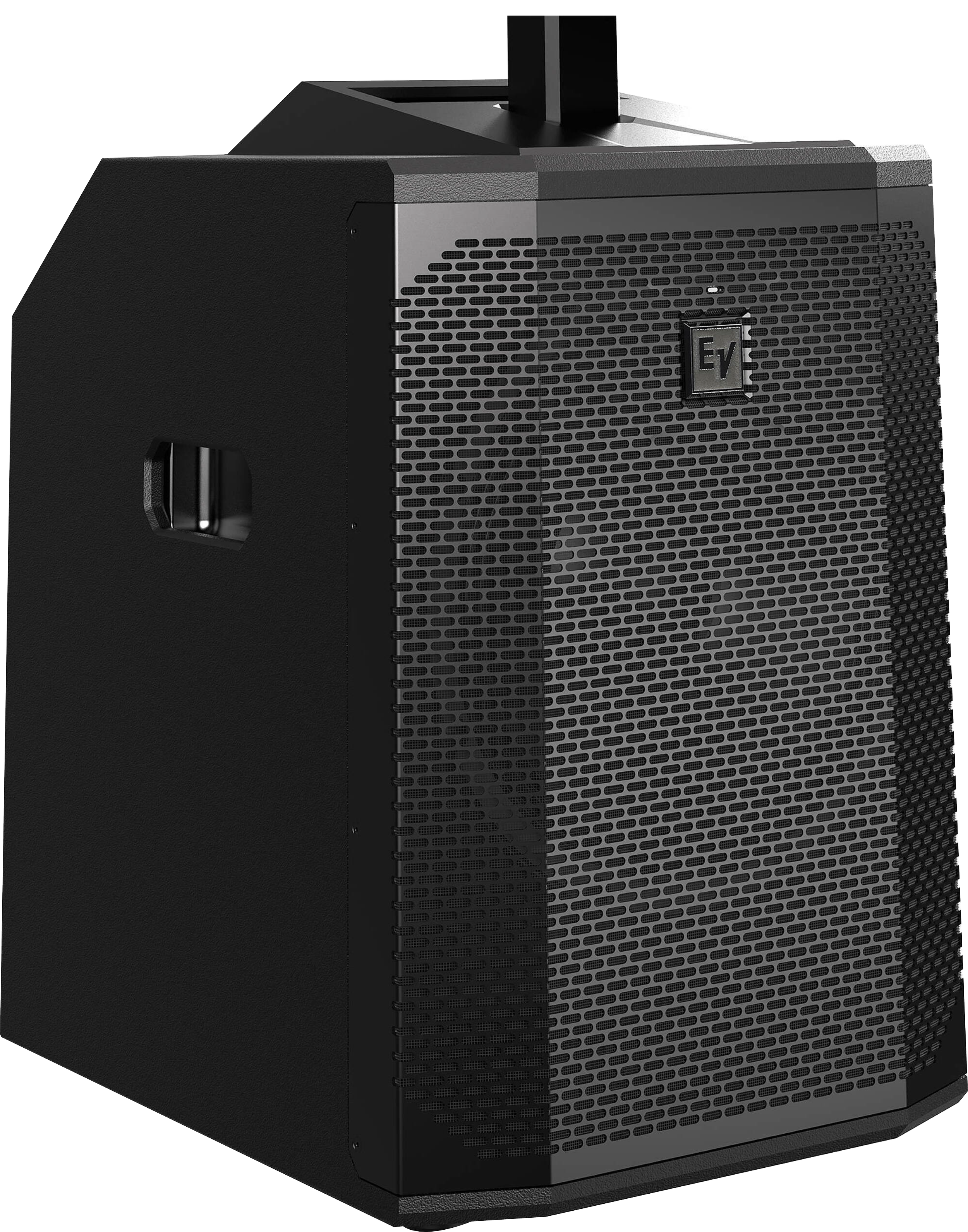 	
Black professional audio subwoofer with a metal grille and EV logo.