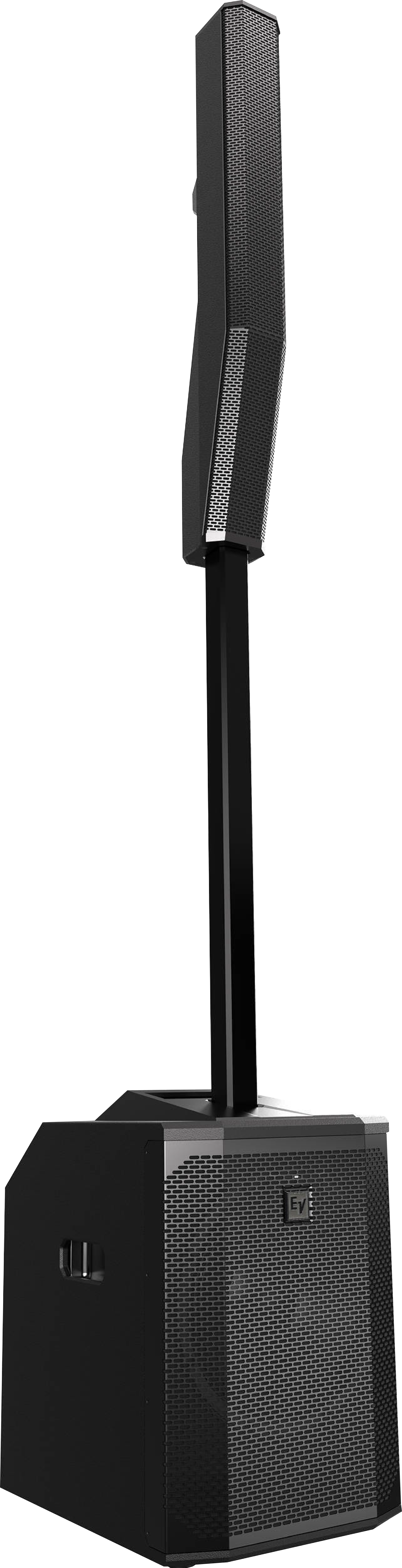 Black portable speaker with a tall, rectangular shape and a speaker grille, placed on a black base with a handle. The Electro-Voice Evolve50 speaker system.