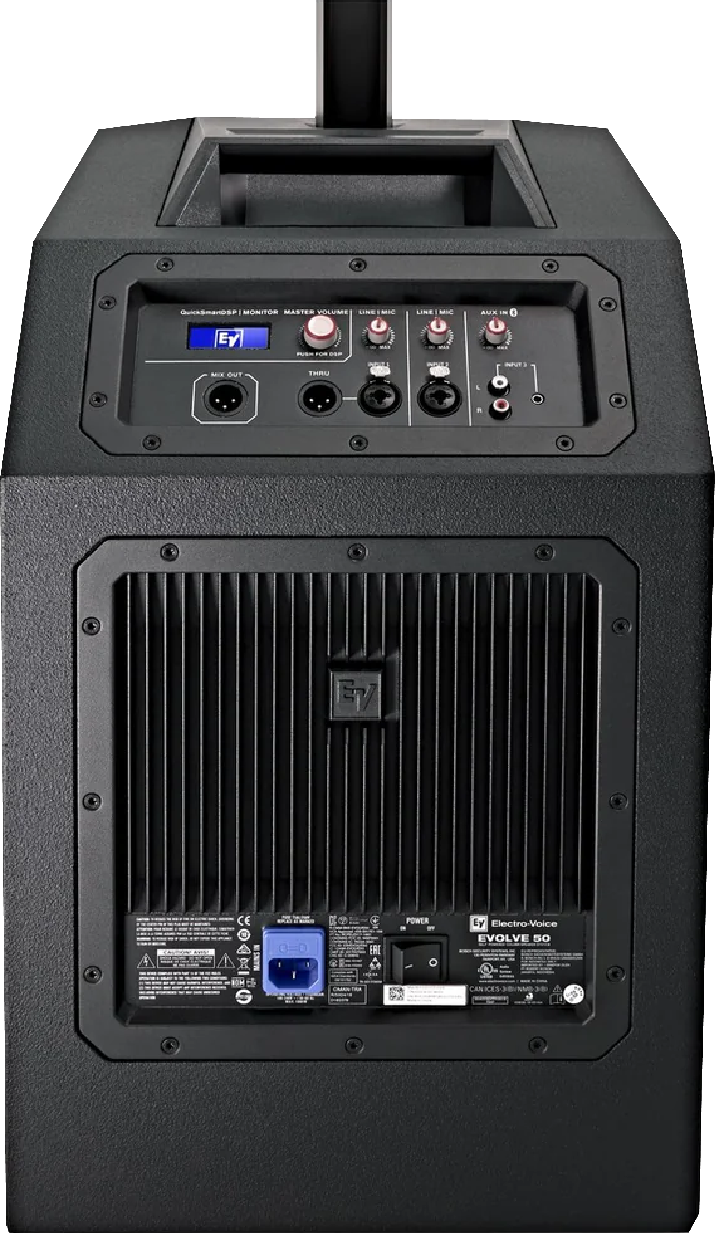 The rear of a black portable speaker (the EVOLVE50 system) with input controls, power switch, and a grille on the back.