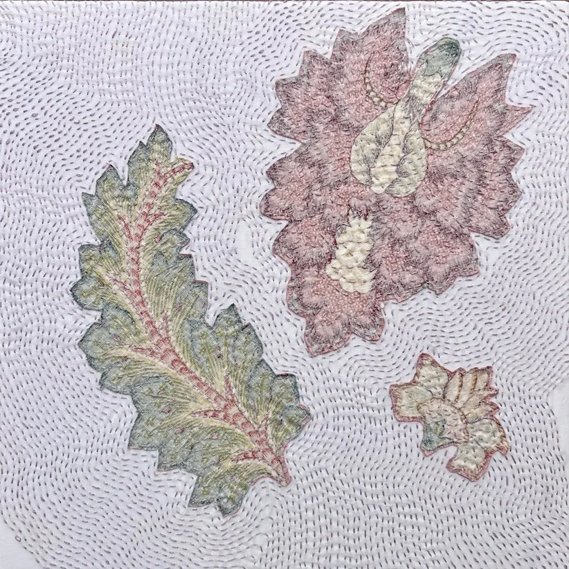After Image 2026 

Appliqué (vintage chintz, broderie perse), reverse side of fabric used. Hand stitched on recycled cloth with all-over stitching.


A lingering trace remains after the first encounter. Stitch holds the fading imprint of form, sugges