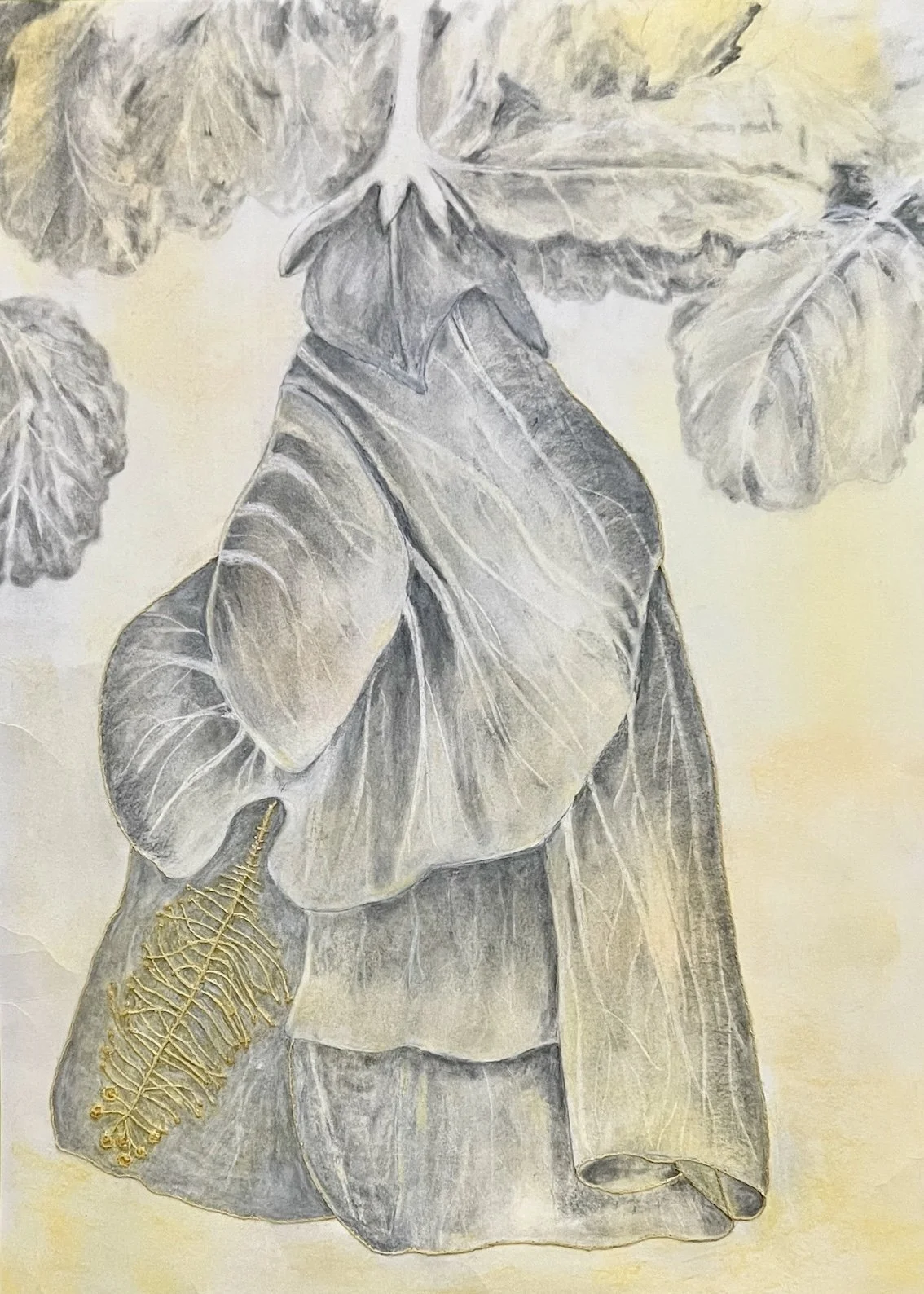 Soft Unfolding 2025 |
Charcoal, pastel and stitch on Awagami washi
Hibiscus petals fold inward, their stitched surface suggesting vulnerability and release, where change unfolds slowly and form softens while remaining present.
