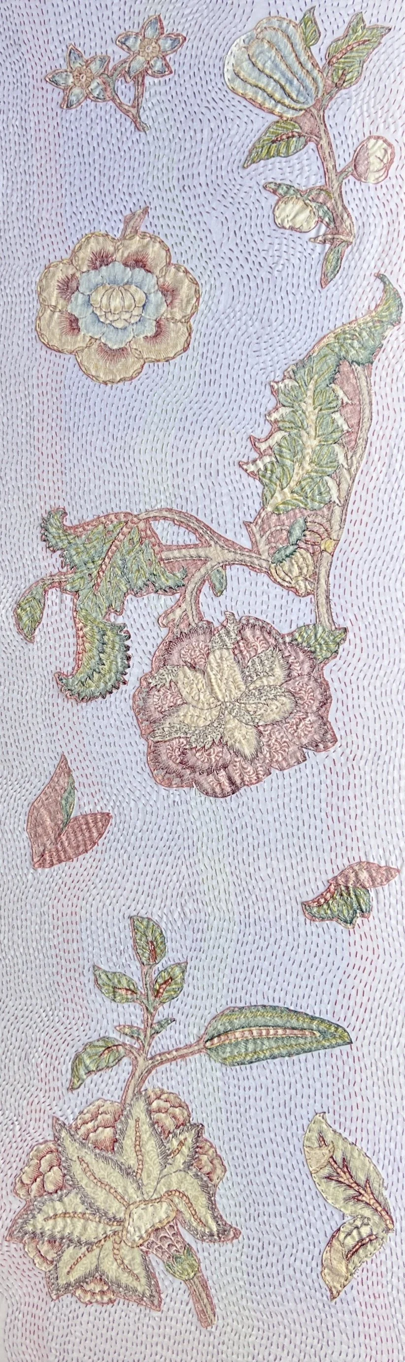 Held in Memory 2026 
Appliqué (vintage chintz, broderie perse), reverse side of fabric used. Hand stitched on recycled cloth with all-over stitching.
A sustained remembrance, where stitch lingers over image and form. Extended across a longer format, 