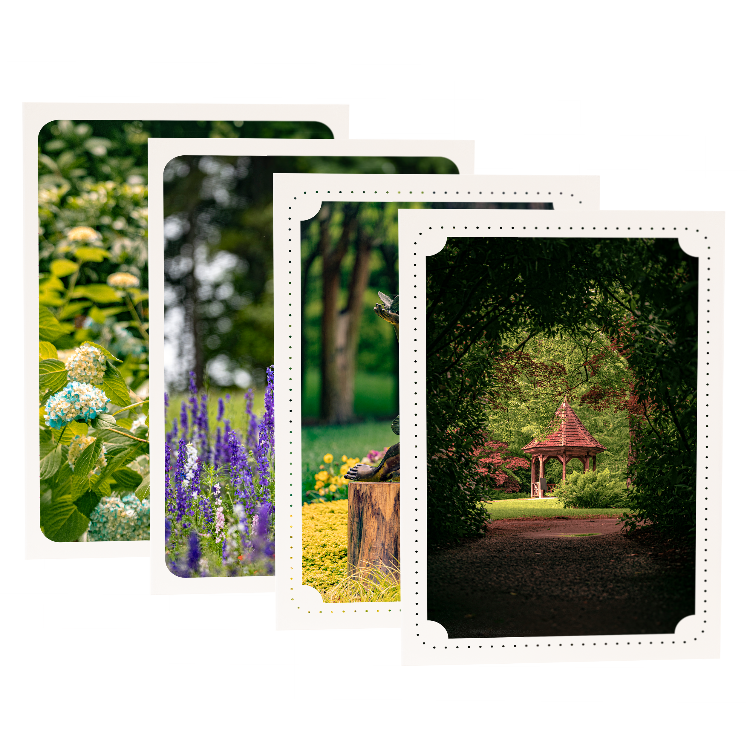 Stack of four cards with images from Gibbs Gardens