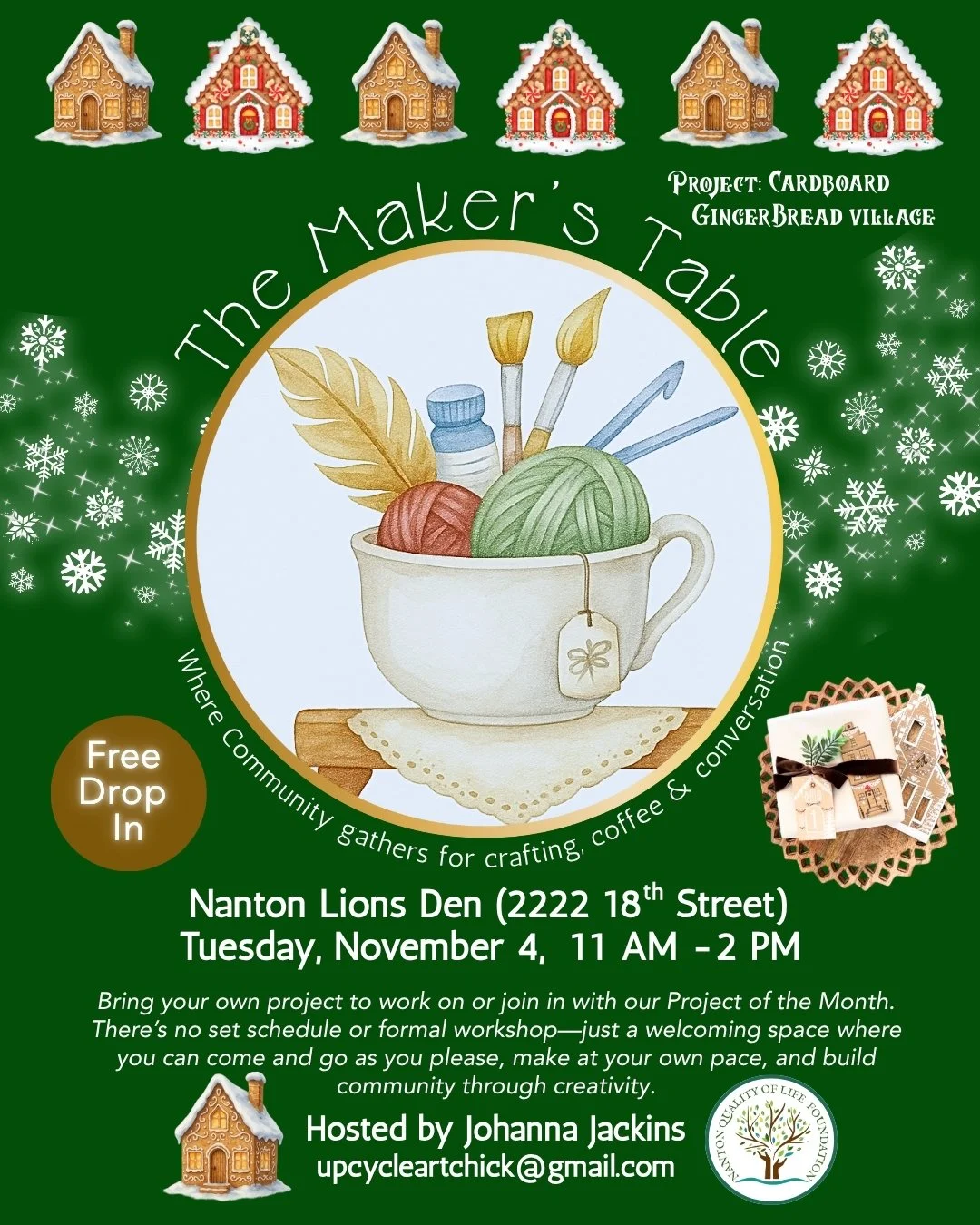 🎨 TOMORROW! The Maker&rsquo;s Table &mdash; November Edition! 🏠✨
Join us for a cozy, creative gathering as we dive into this month&rsquo;s project: a Cardboard Gingerbread Village!

🗓️ Tuesday, November 4
🕚 11 AM &ndash; 2 PM
📍 Nanton Lions Den 