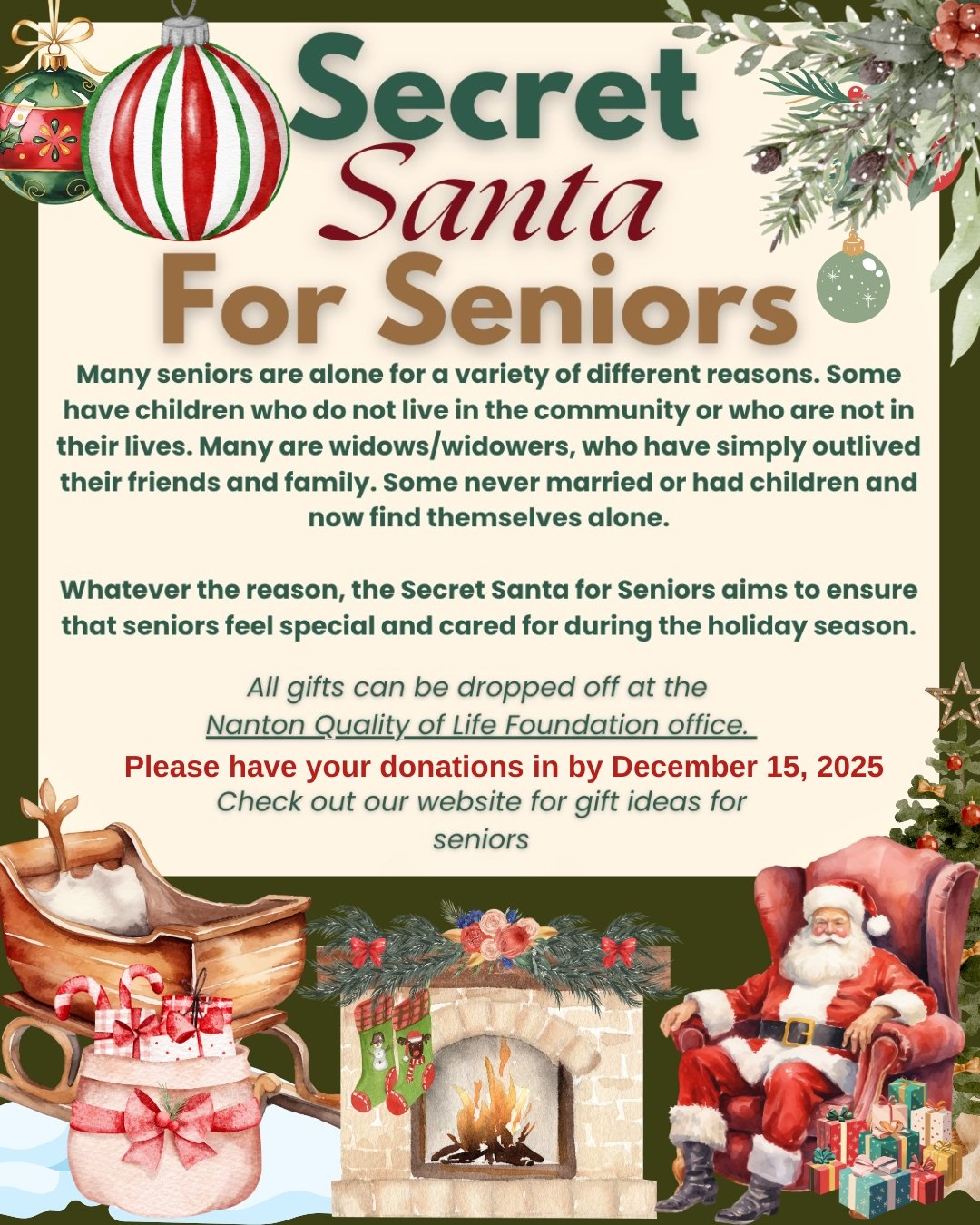 🎁 Secret Santa for Seniors is back! 🎄✨

The holidays can be a difficult time for many seniors in our community. Some have family who live far away, others have outlived loved ones, and some simply find themselves alone as the years go on.

This sea