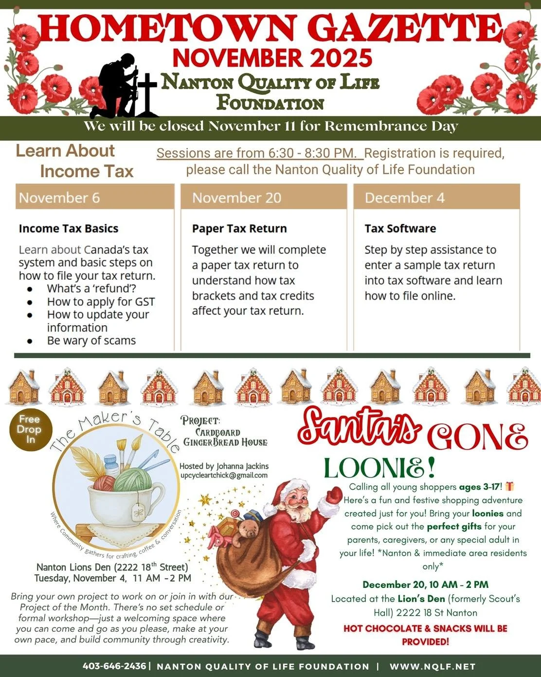 The Nanton Quality of Life Foundation is keeping the season bright with community events, volunteer opportunities, and ways to give back! ❤️

✨ Highlights this month:
📚 Learn About Income Tax sessions &mdash; postponed until 2026 but stay tuned for 