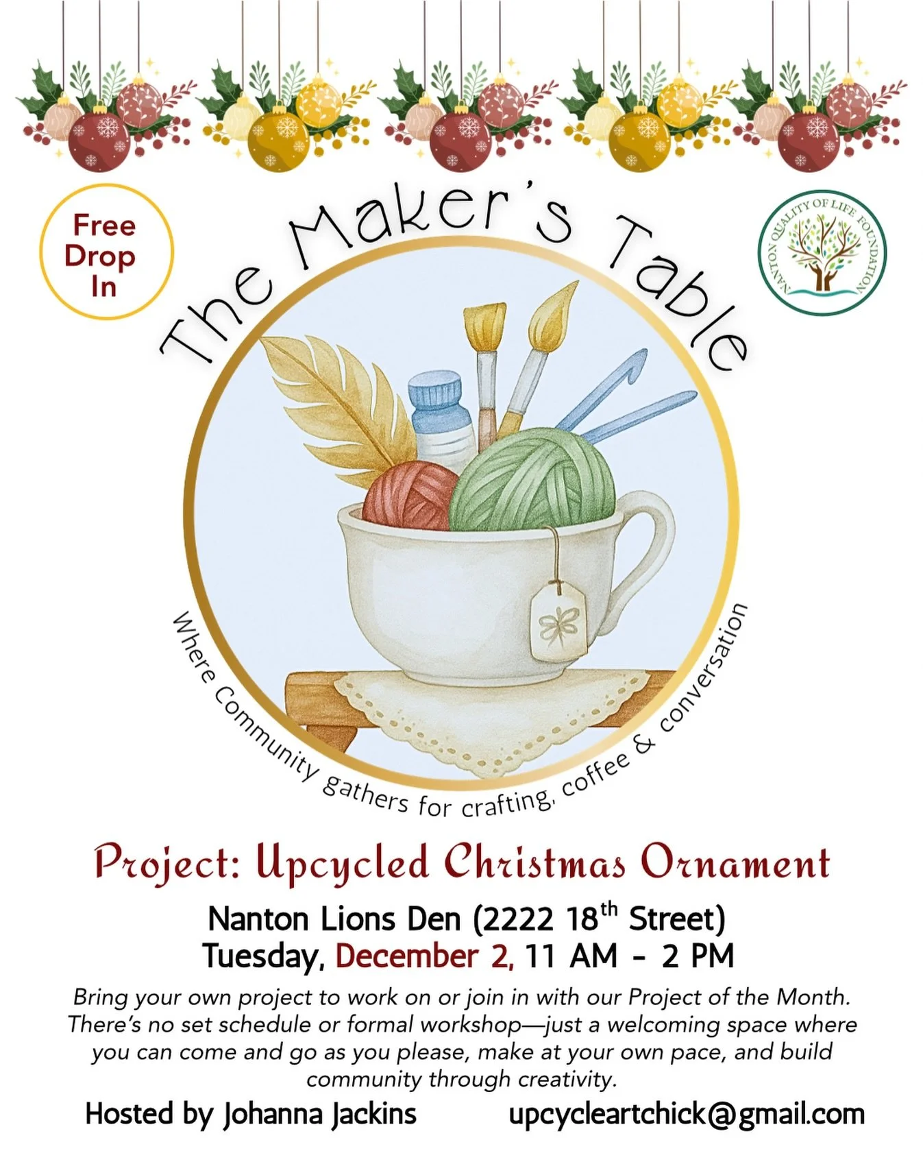 ✨ TOMORROW! The Maker&rsquo;s Table &ndash; December Project! ✨
Join us for a cozy, creative morning at the Nanton Lions Den on Tuesday, December 2 from 11 AM &ndash; 2 PM for this month&rsquo;s project: Upcycled Christmas Ornaments 🎄♻️

Whether you