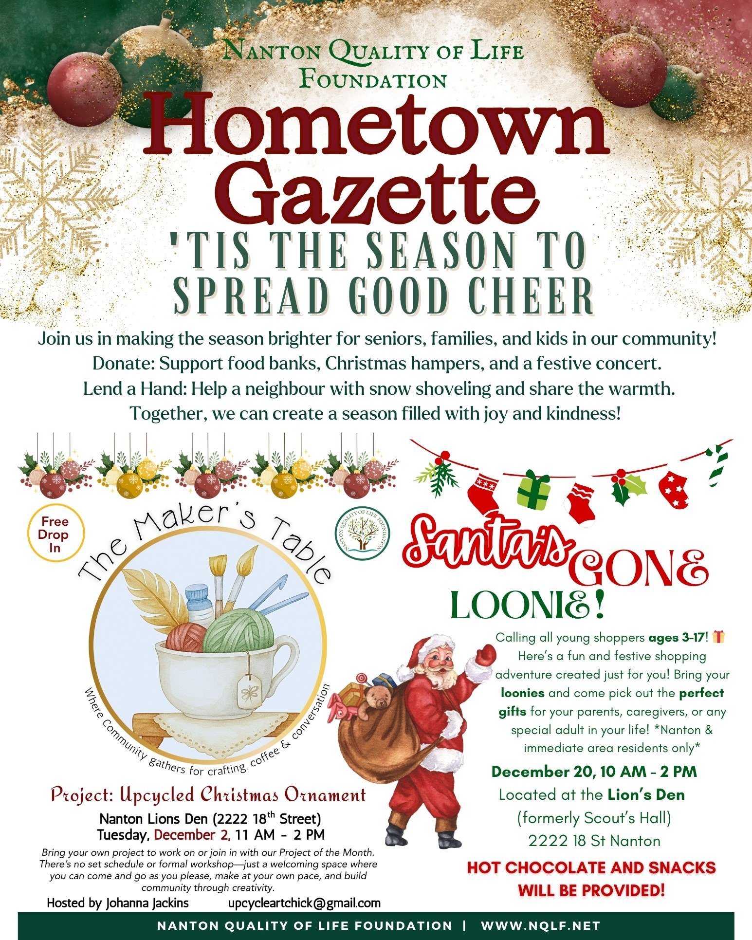 🎄 The NQLF Holiday Newsletter is here!
From Santa&rsquo;s Gone Loonie to Secret Santa for Seniors, Snow Angels, The Maker&rsquo;s Table, and more &mdash; our community is coming together to spread kindness and cheer this season. ❤️

☕️💚 Dive into u