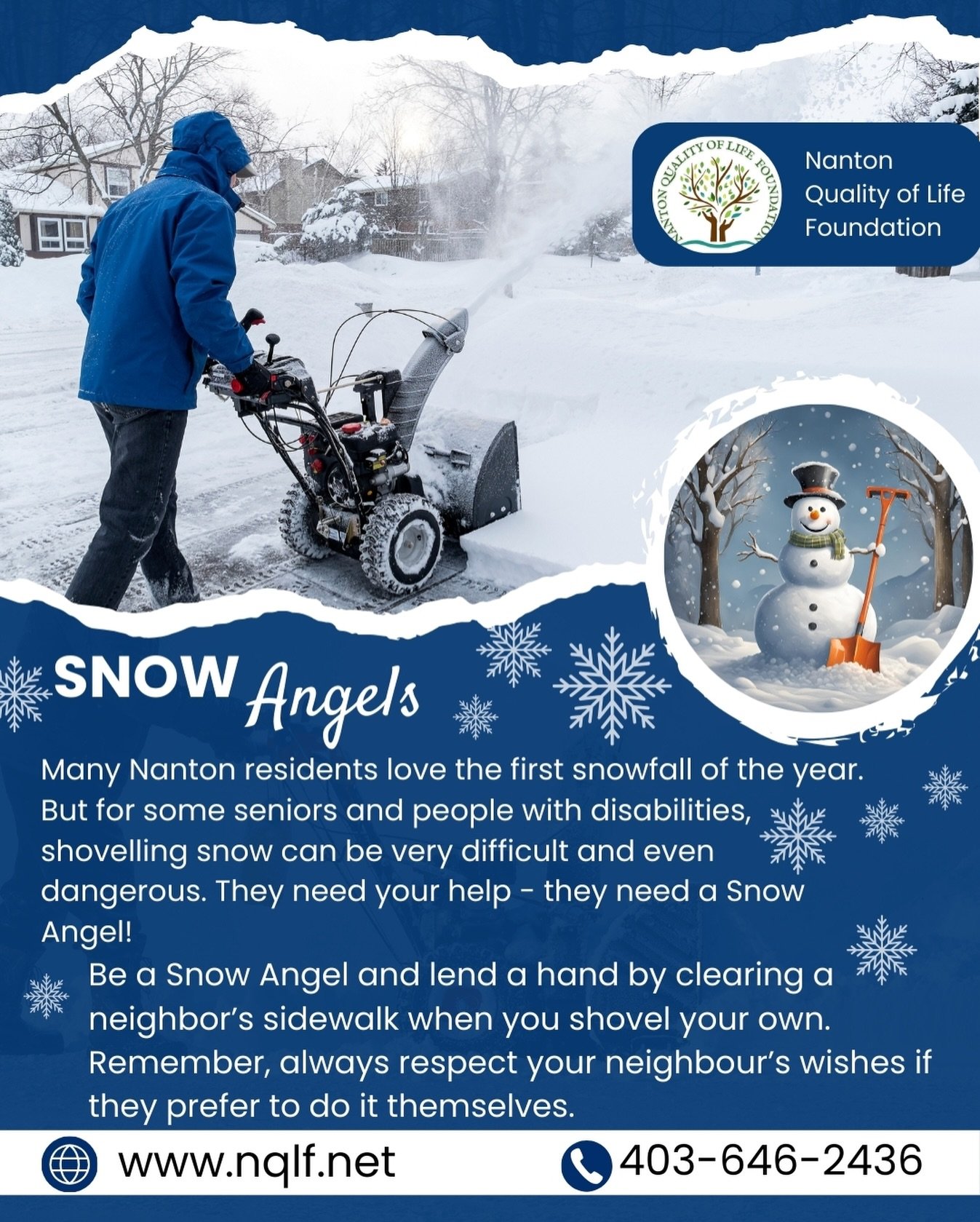 ❄️ Be a Snow Angel this Winter! ❄️
The first snowfall is beautiful&mdash;but for many seniors and neighbours with mobility challenges, it can also be overwhelming. A few extra minutes with your shovel or snowblower could make a huge difference in som
