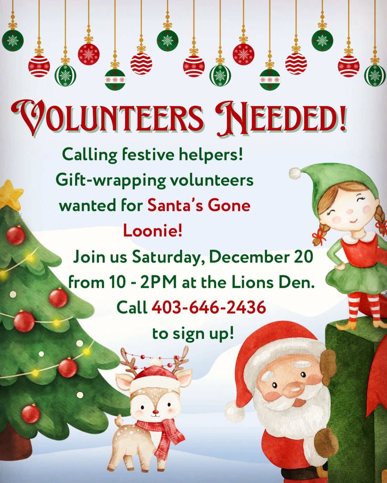 🎄✨ Calling all festive helpers! ✨🎄

Santa&rsquo;s Gone Loonie is almost here, and we need gift-wrapping volunteers to help spread some holiday magic in our community! 🎁💚

If you love wrapping presents, sipping coffee, and being part of something 