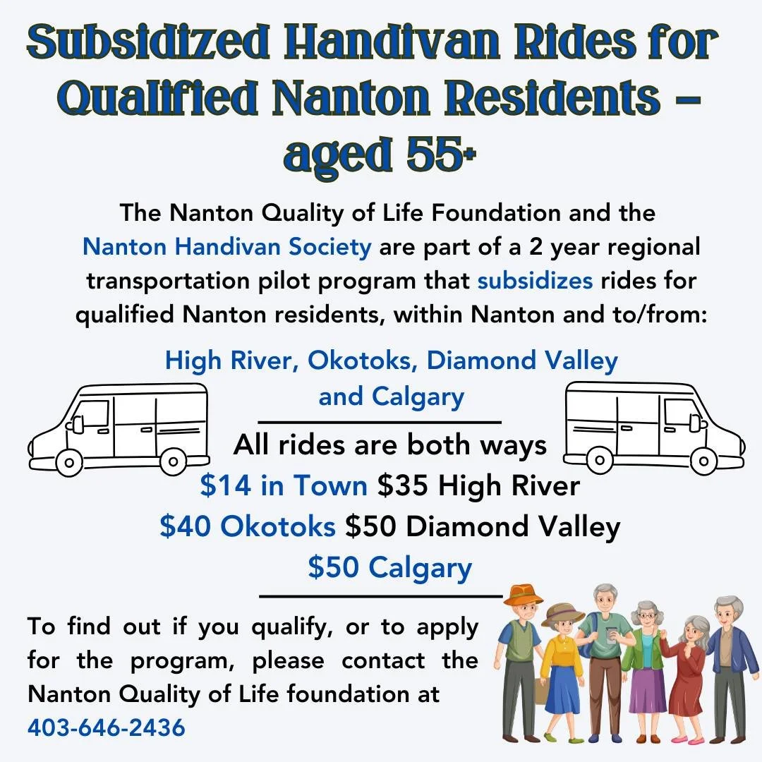✨🚐 Affordable Rides for Nanton Residents 55+ ✨🚐 
Are you 55 or older? You could qualify for subsidized transportation with the Nanton Handivan! 🎉 
Thanks to a 2-year regional transportation pilot program, the Nanton Quality of Life Foundation and 