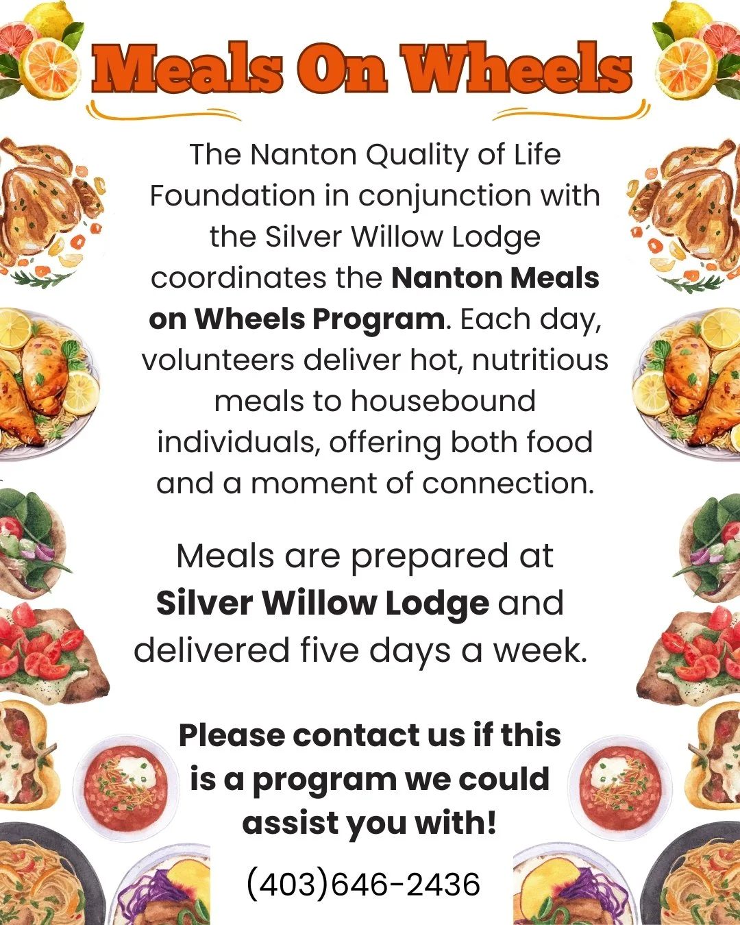 🍽️ Meals on Wheels &ndash; Nourishing More Than Just Hunger ❤️
The Nanton Quality of Life Foundation, in partnership with Silver Willow Lodge, is proud to coordinate the Nanton Meals on Wheels Program.

Every weekday, our amazing volunteers deliver 