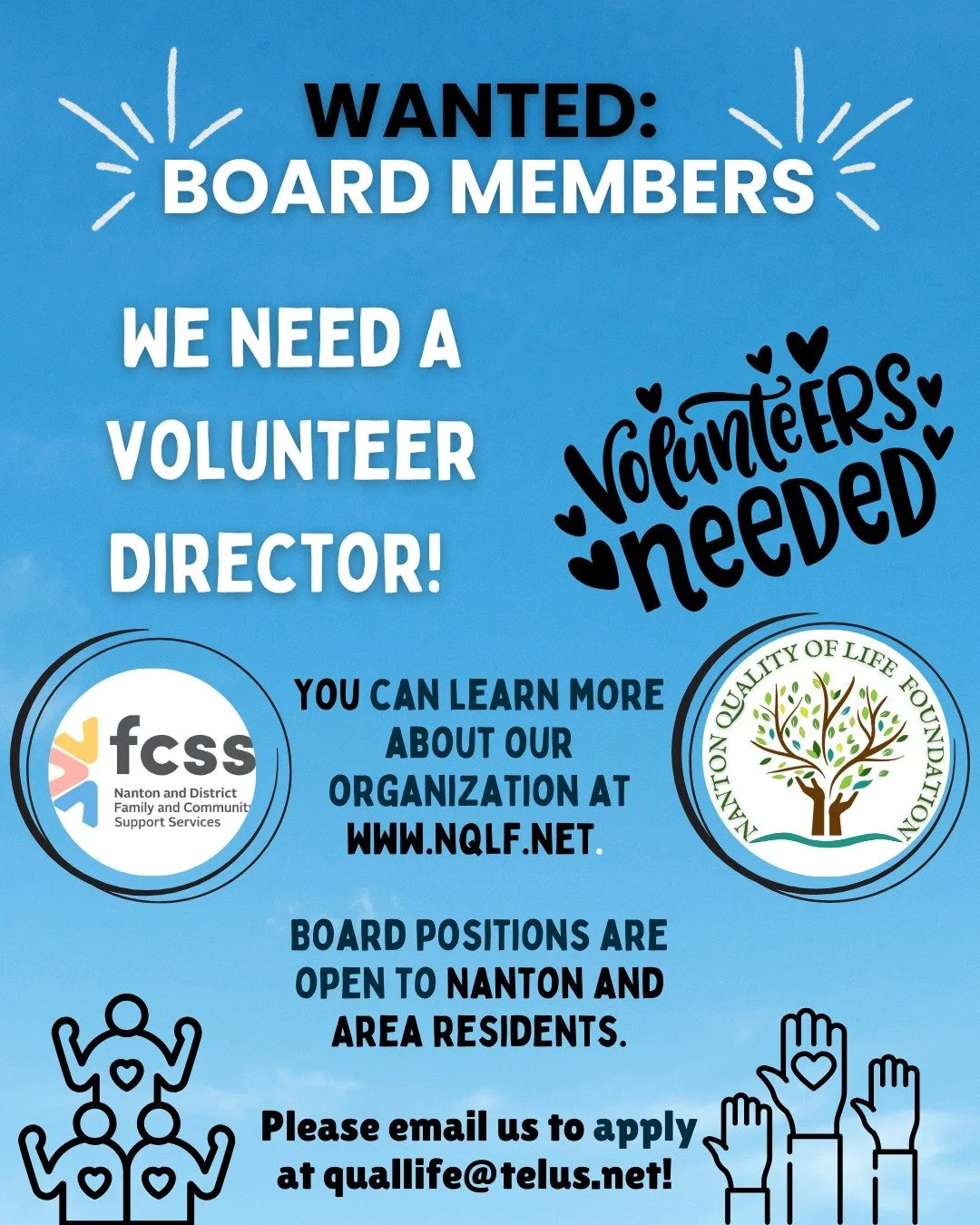 WANTED: Board Members 🌱
Do you care about community, connection, and making a real difference close to home? The Nanton Quality of Life Foundation is currently seeking a Volunteer Director to join our Board.
This is a meaningful opportunity to help 