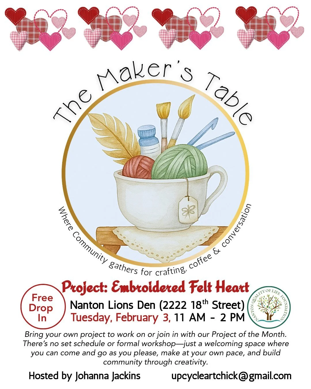 💖 The Maker&rsquo;s Table is here with extra love! 💖

Looking for a cozy, creative space to gather, craft, and connect? Join us for The Maker&rsquo;s Table &mdash; a free, drop-in community crafting session hosted by the Nanton Quality of Life Foun