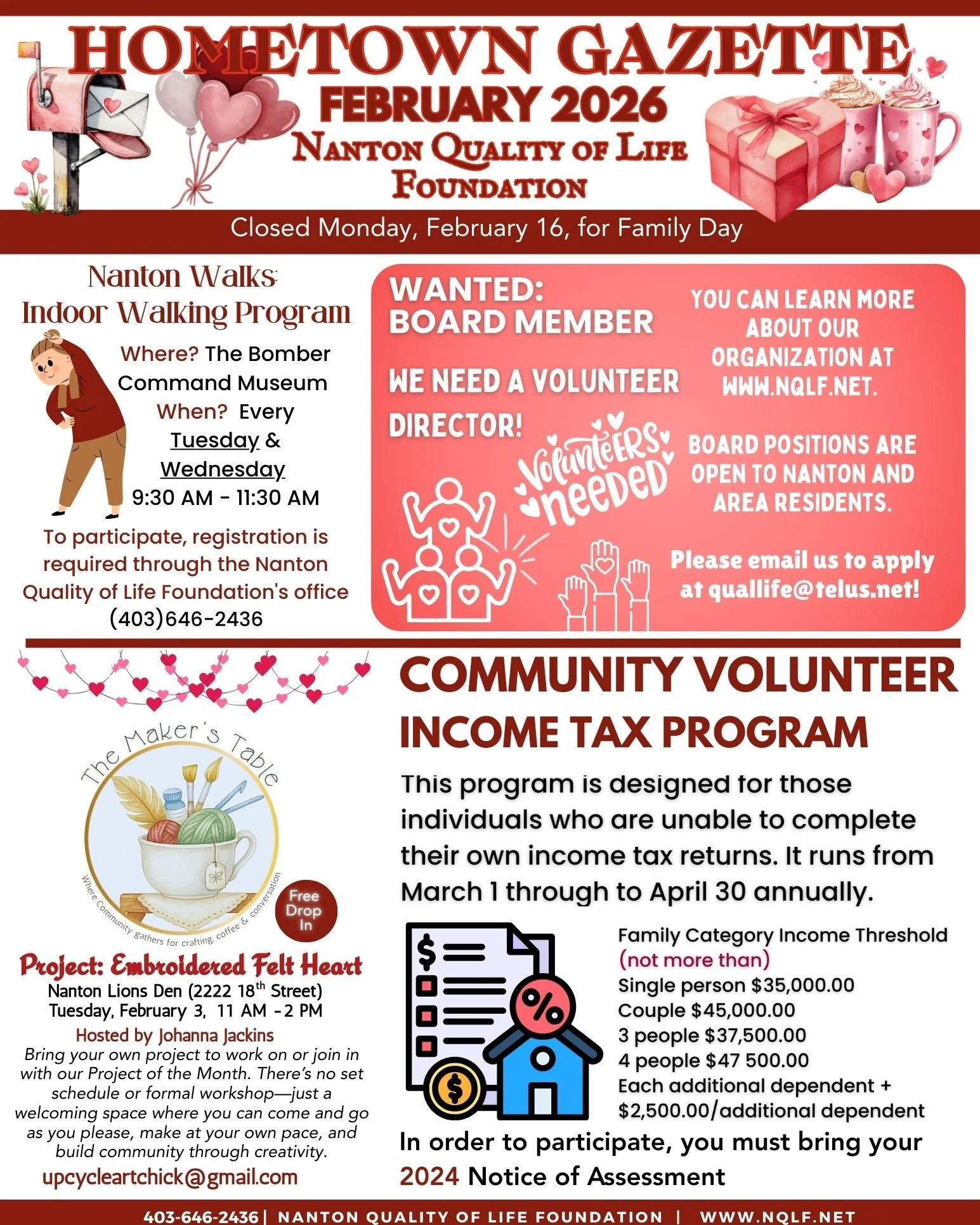 💌 Our February Hometown Gazette is here! 💌

From community programs and volunteer opportunities to seniors&rsquo; transportation, income tax support, and exciting celebrations ahead &mdash; there&rsquo;s so much happening at the Nanton Quality of L