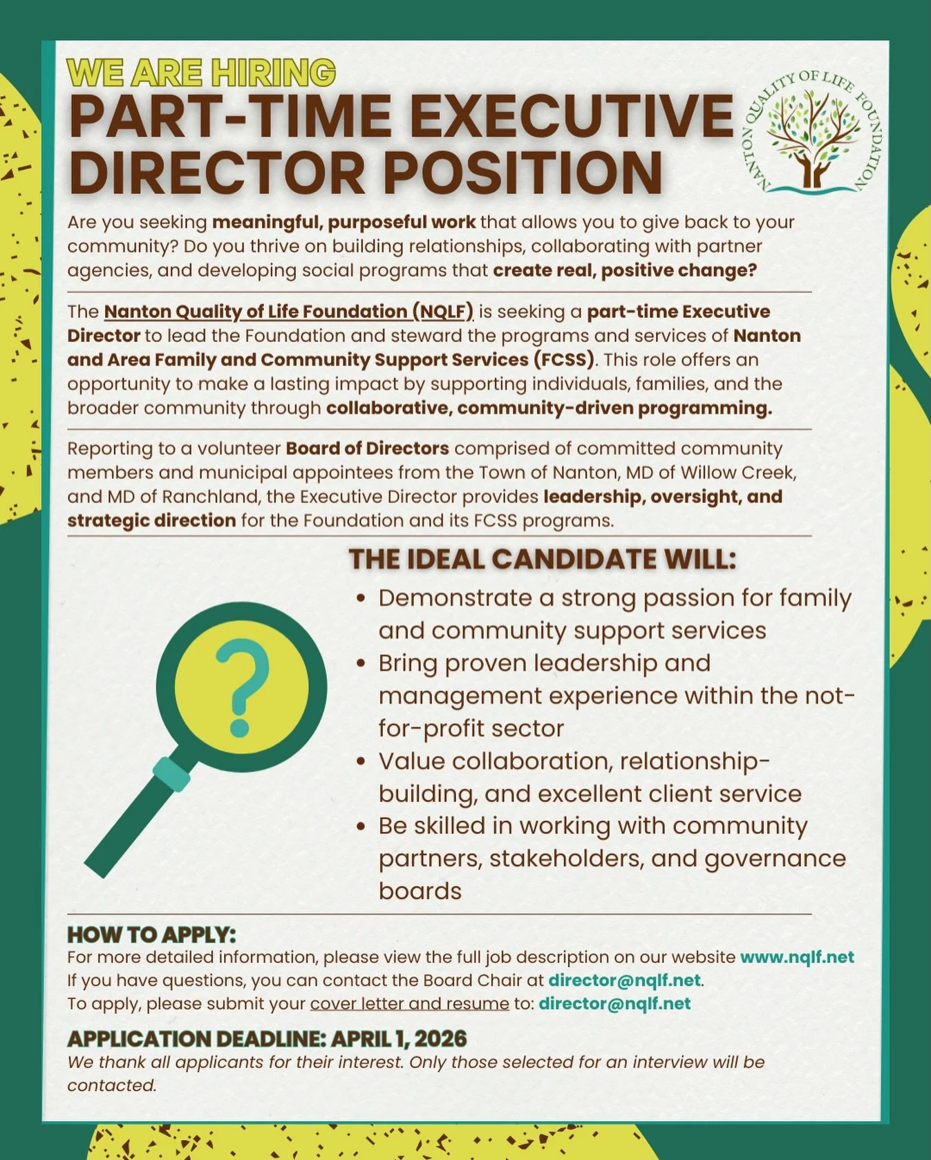 Exciting News &amp; A New Opportunity! 🌳

We would like to announce that our Executive Director, Lynne Cox, is retiring July 1, 2026. While we are excited for her next chapter, we are now recruiting for a Part-Time Executive Director to join our tea