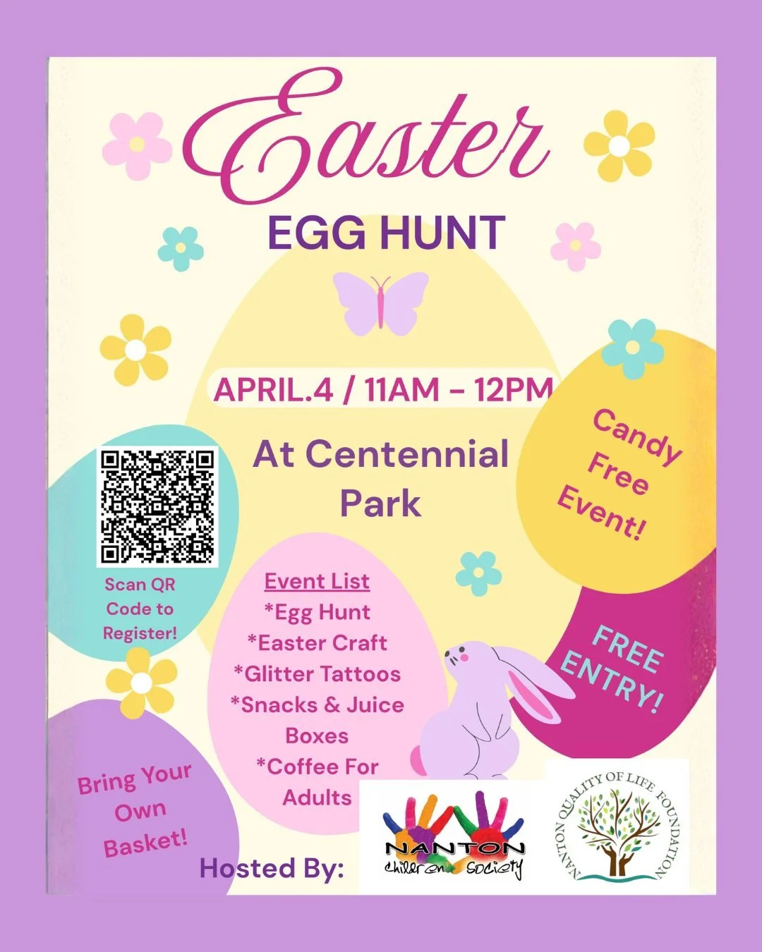 🌷 Hop Into Spring with Us, Nanton! 🌷

The Nanton Quality of Life Foundation is so excited to partner with the Nanton Children&rsquo;s Society for a morning of community magic! Grab your baskets and join us at Centennial Park for an Easter celebrati
