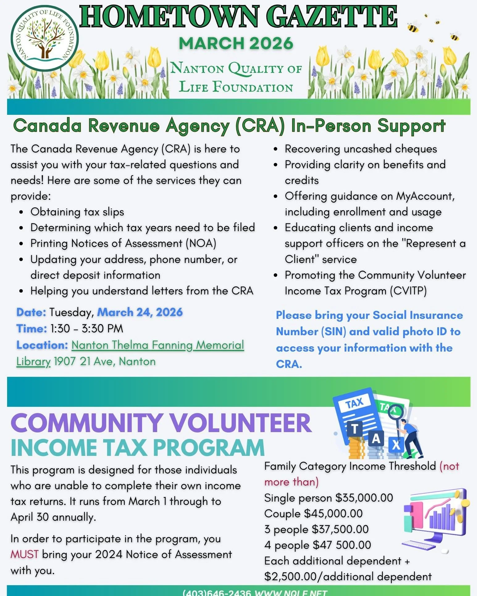 🌼 Spring into action with a busy March in Nanton! 🌷 We are thrilled to host the Canada Revenue Agency (CRA) for an in-person support clinic at the Library on March 24th from 1:30 &ndash; 3:30 PM to help you with everything from uncashed cheques to 
