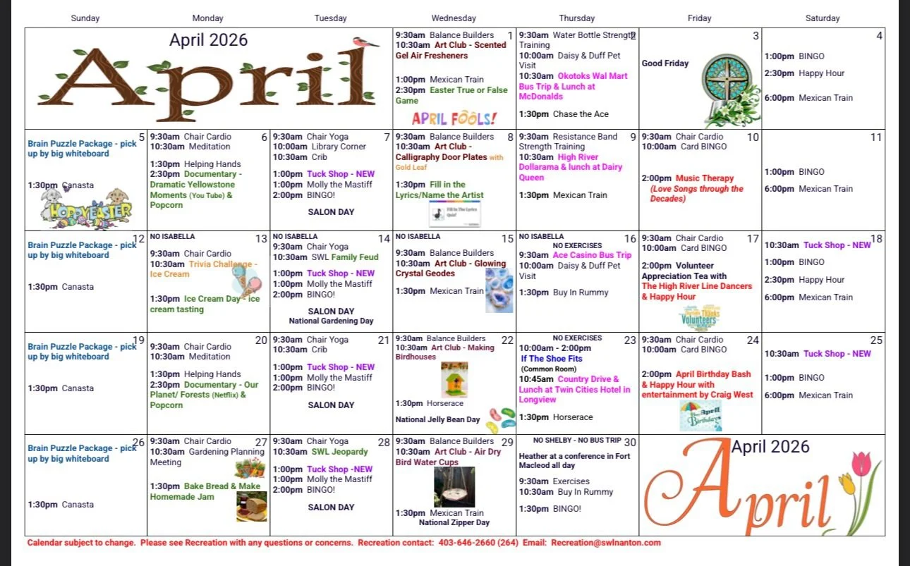 🌸 Celebrating Community at Silver Willow Lodge!

The April event calendar for the Silver Willow Lodge has arrived, and it is absolutely bursting with colour and activity!

At the Nanton Quality of Life Foundation, we love seeing our seniors stay act