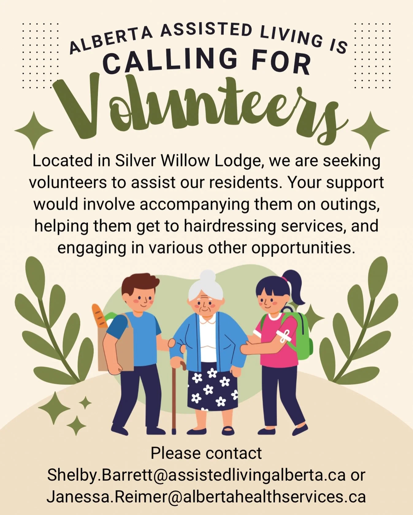 💚 Alberta Assisted Living is calling for volunteers! 💚

Looking for a meaningful way to give back to your community? Silver Willow Lodge is seeking compassionate volunteers to support residents with outings, appointments, companionship, and everyda