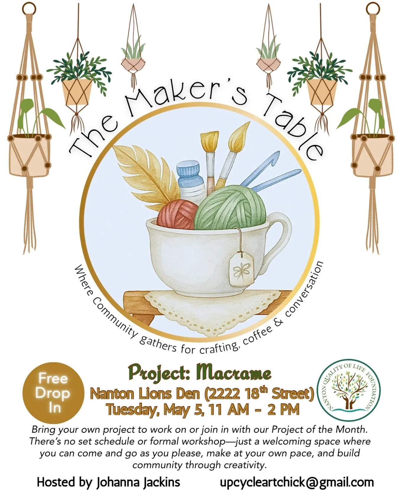 Pull up a chair at The Maker&rsquo;s Table! 🌿 ☕

Join us for a morning of coffee, conversation, and creativity. This is a free, relaxed drop-in space where you can work on your own hobby or join in on our Project of the Month.

&bull; Project: Macra