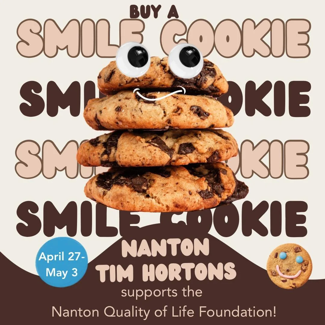 Get Ready to Smile, Nanton! 🍪💙✨

Starting today, April 27, the Tim Hortons Smile Cookie campaign is back! 🥳🙌

We are so incredibly grateful that 100% of proceeds from our local Nanton Tim Hortons go directly to the Nanton Quality of Life Foundati