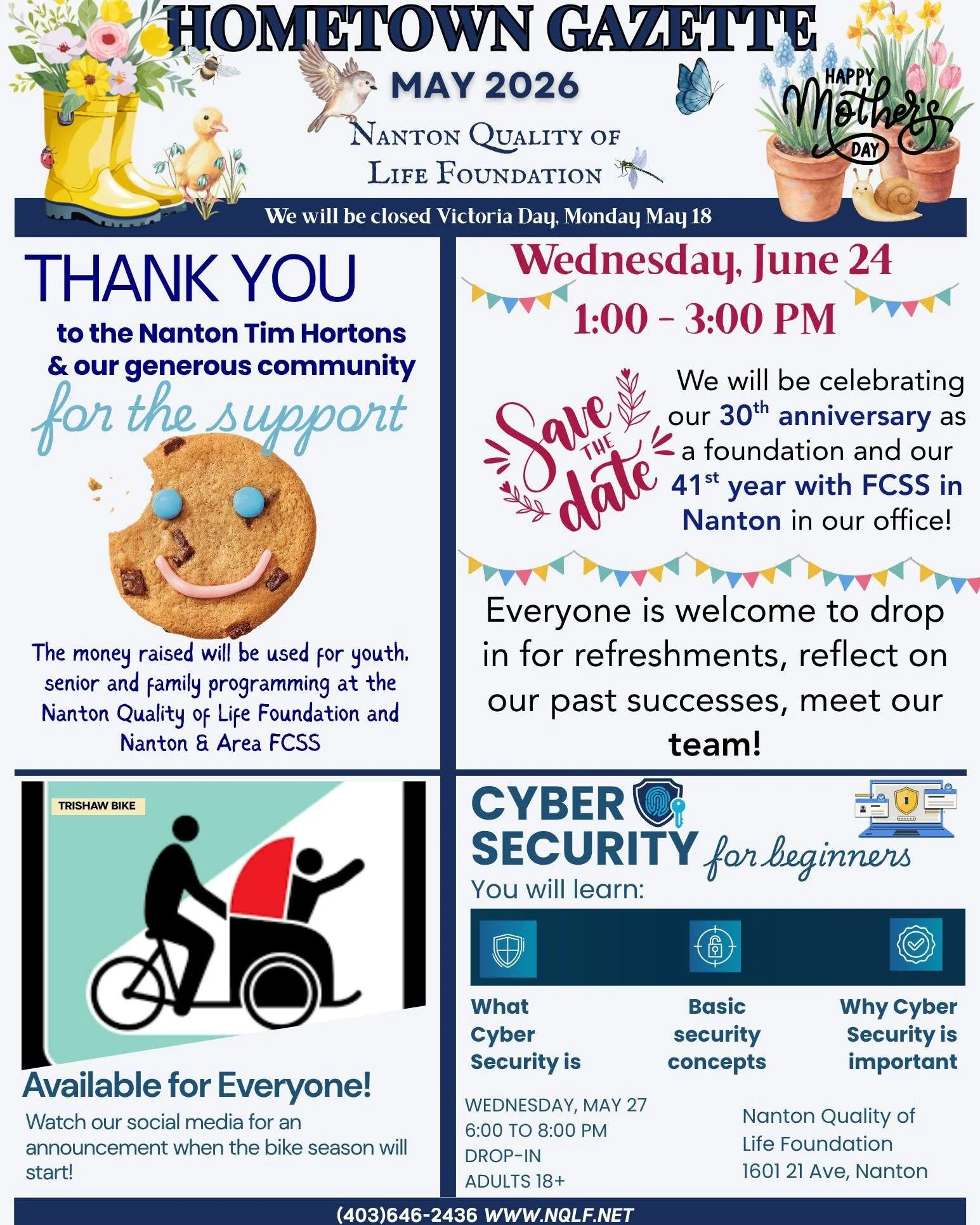 🌷 May in Nanton: Community, Creativity &amp; Connection
Spring has arrived, and we have a full calendar of events at the Nanton Quality of Life Foundation!

Coming Up This Month:

Emergency Preparedness: Join our "Come and Go" info session