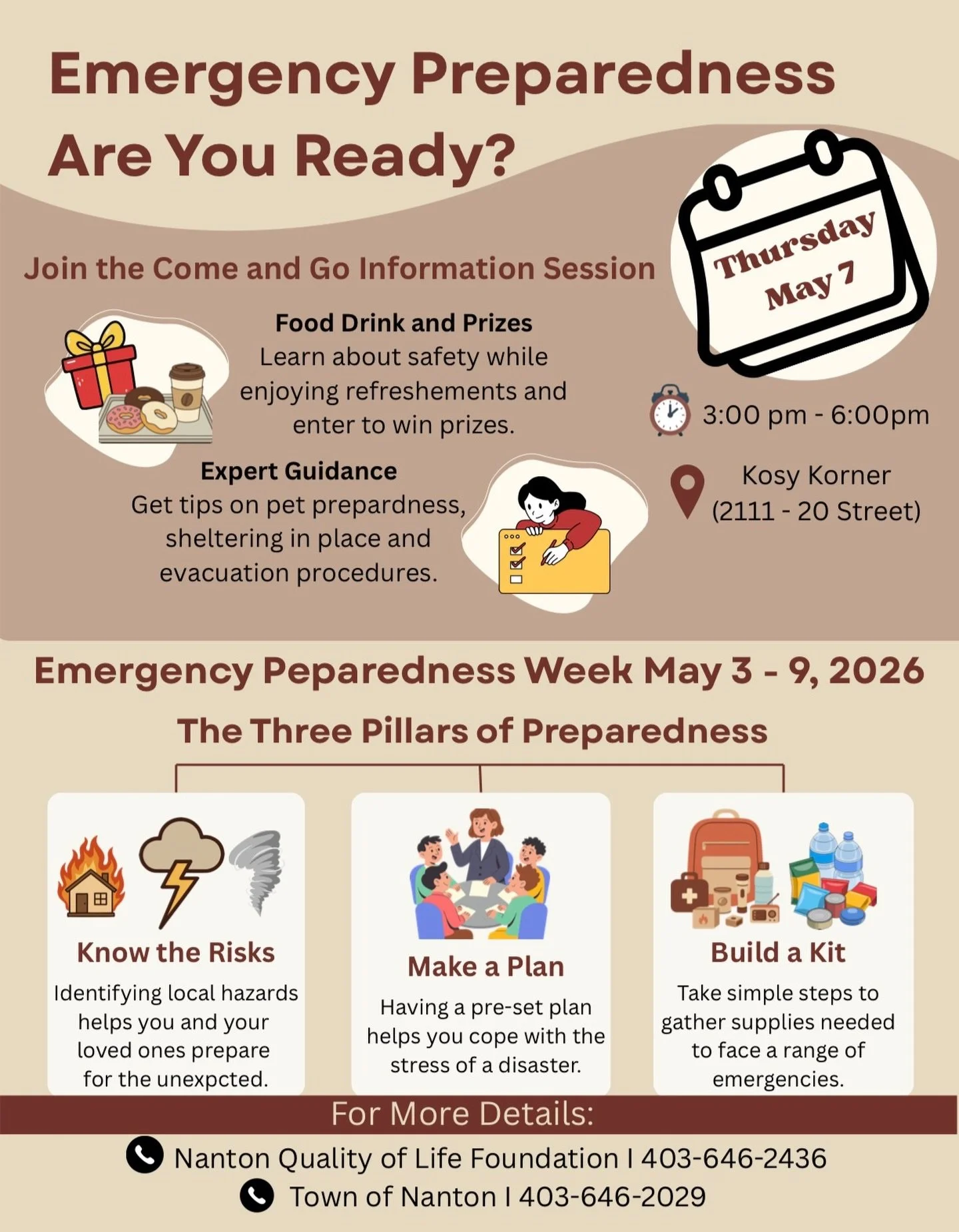 🚨 Nanton, Are You Ready? 🚨

Emergency Preparedness Week is coming up, and we want to help you make sure you and your loved ones are ready for the unexpected! 🏡⛈️

Join the Nanton Quality of Life Foundation and the Town of Nanton for a special &quo