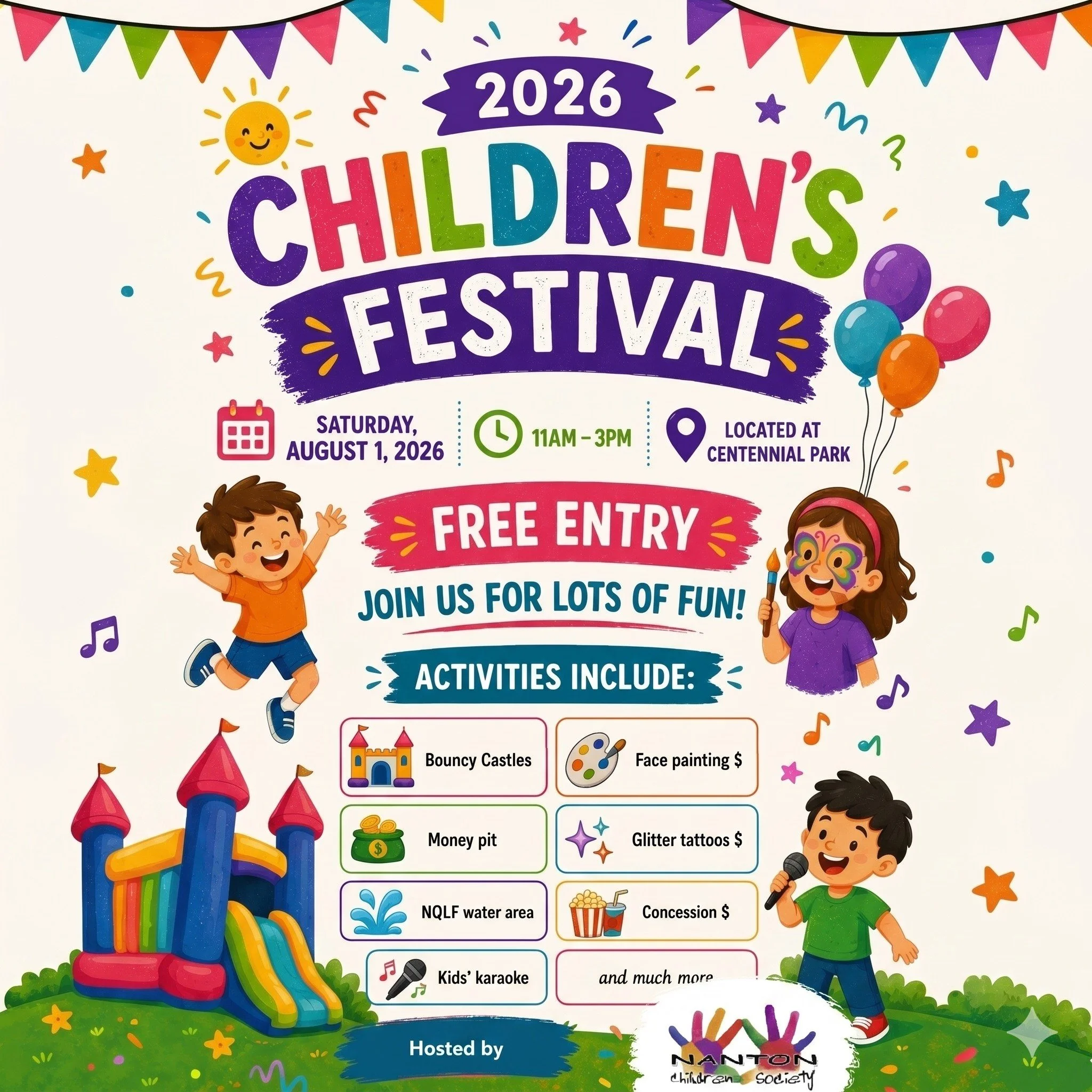 📅✨ SAVE THE DATE! ✨📅

🎉🌈 The 2026 Children&rsquo;s Festival is coming to Centennial Park! 🌈🎉

Join us on Saturday, August 1, 2026 from 11AM&ndash;3PM for a day packed with family fun, laughter, and community spirit! 💙

✨ FREE ENTRY ✨

🎪 Activ