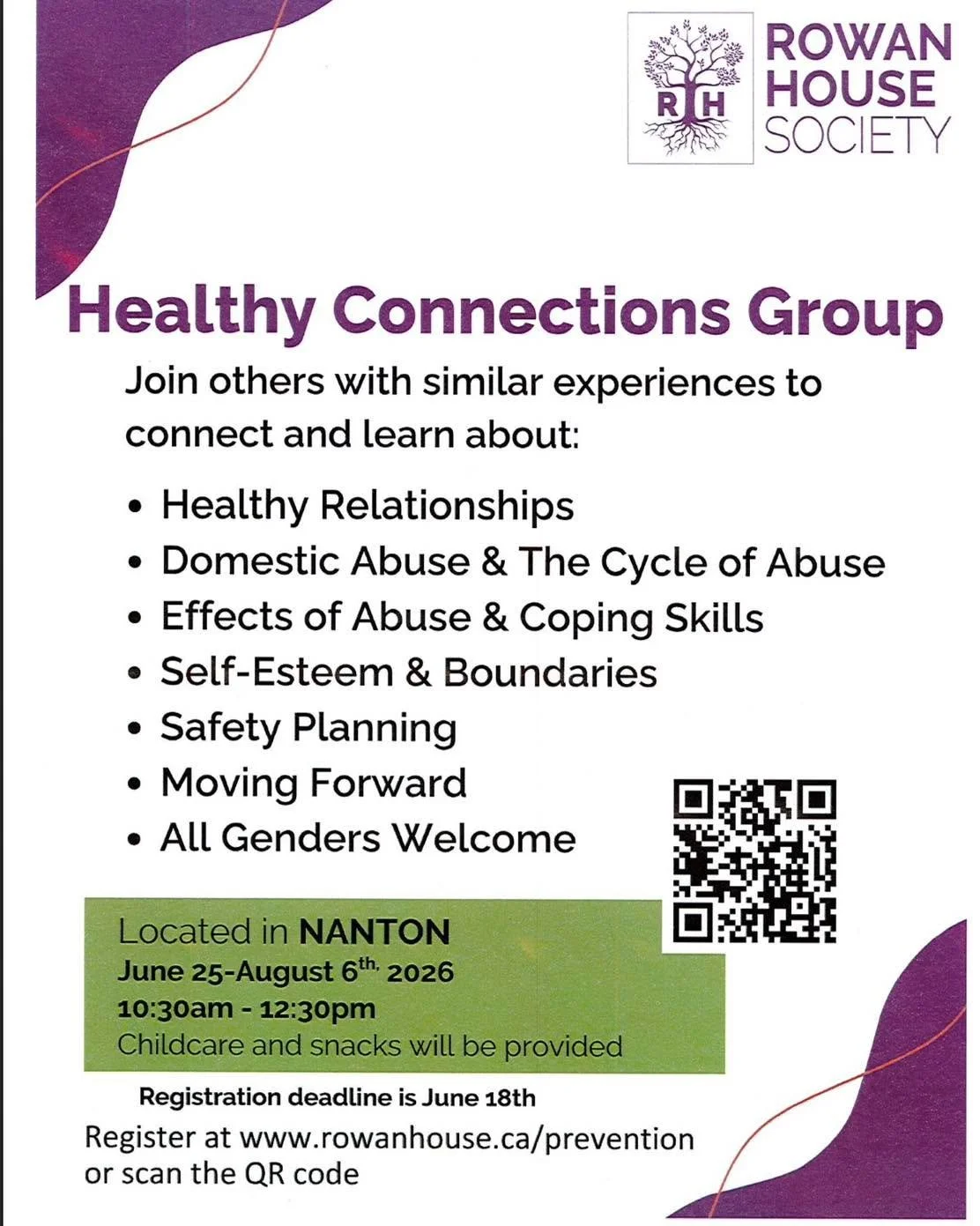 Healthy Connections Group | Coming to Nanton this June ❤️

We are so glad to share this wonderful programme coming to our community, hosted by the Rowan House Society. 

The Healthy Connections Group offers a safe, supportive space for all genders to