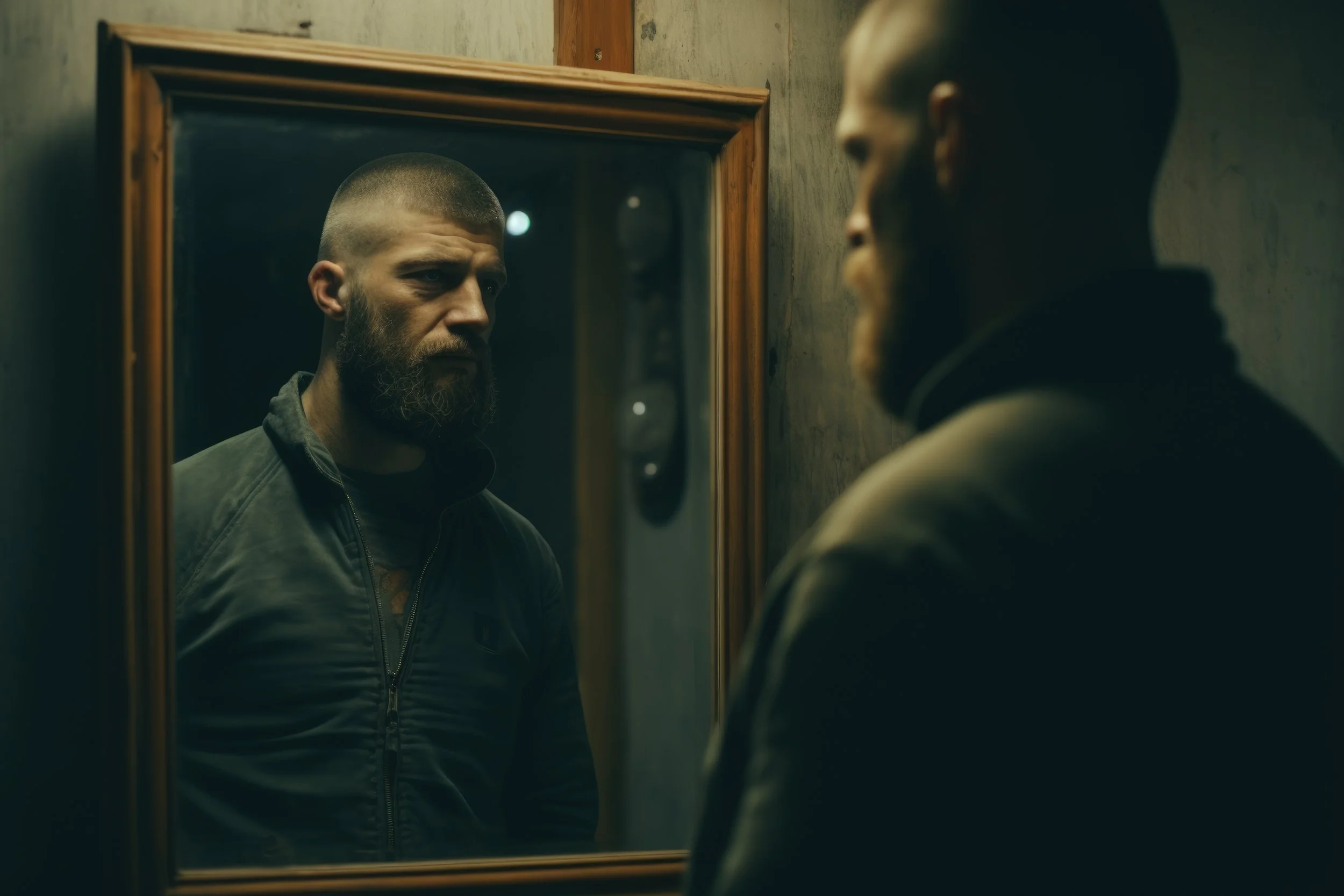 A man with a beard and a buzz cut looking at his reflection in a mirror in a dimly lit room with wooden paneling.