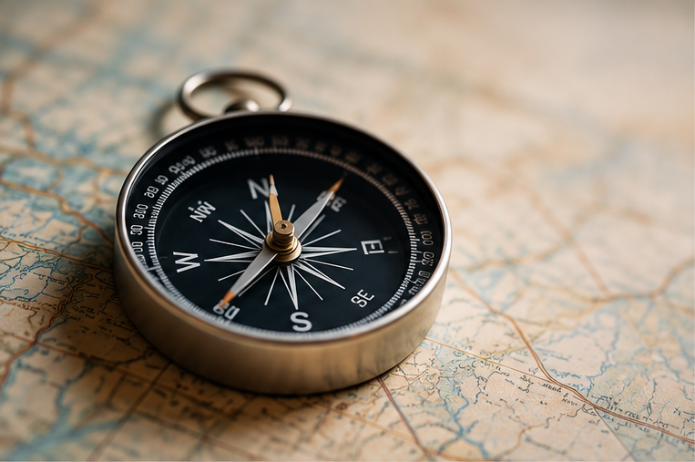 A compass lays on a map.