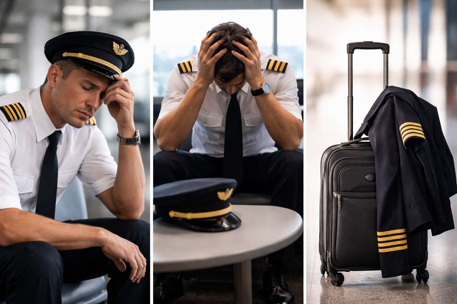 A stressed airline pilot sitting in an airport terminal, with a pilot's hat on a table nearby, and a rolling suitcase with a flight jacket draped over it.