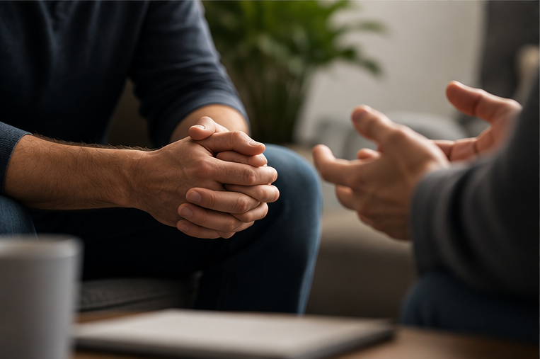 Two men sitting close together in comversation. Can only see their hands and parts of their bodies, not their faces.