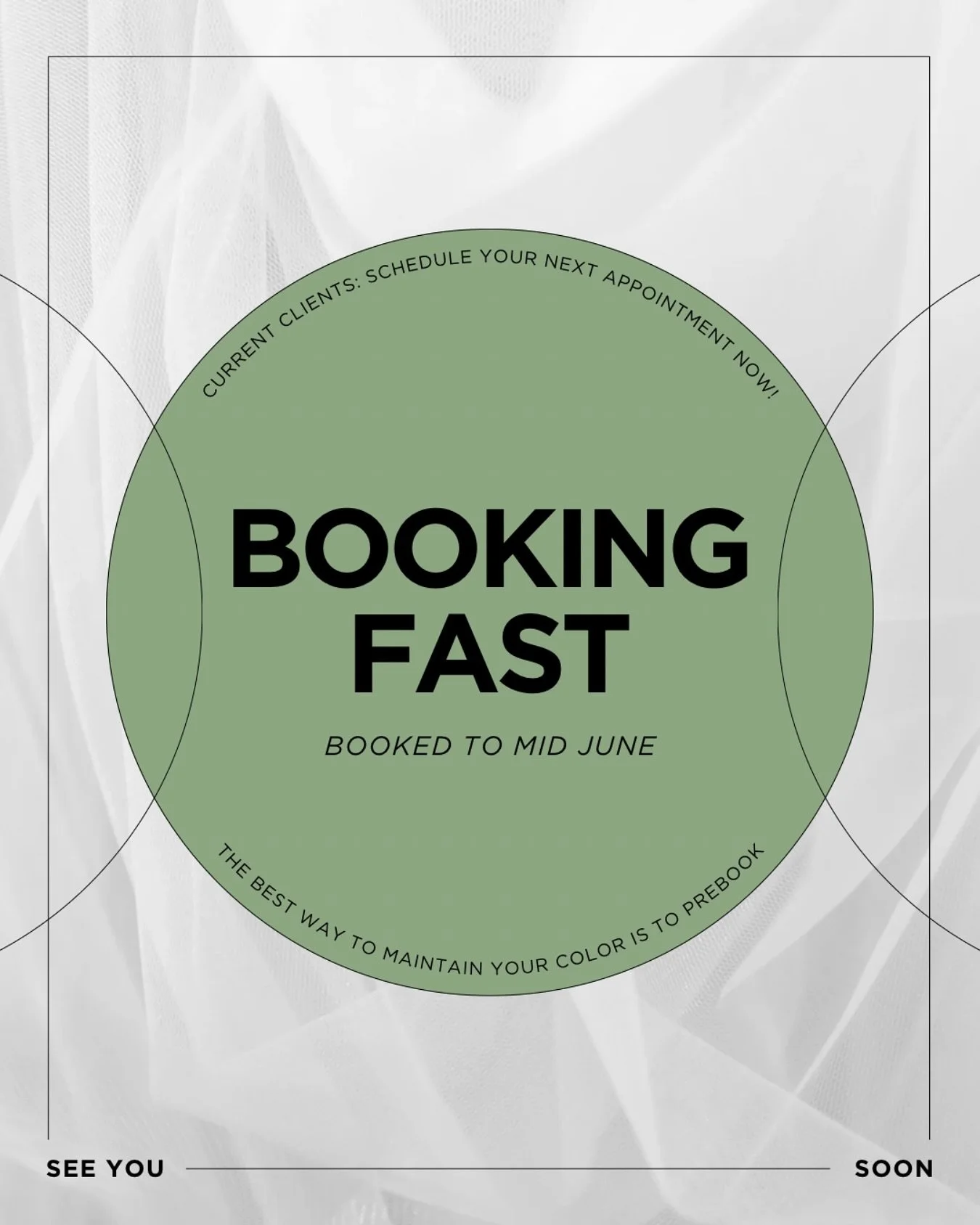 Color appointments are currently fully booked through mid June! 

If you&rsquo;re a current client and want to maintain your color schedule, now&rsquo;s the time to get your next appointment on the books before summer fills up even more. Don&rsquo;t 