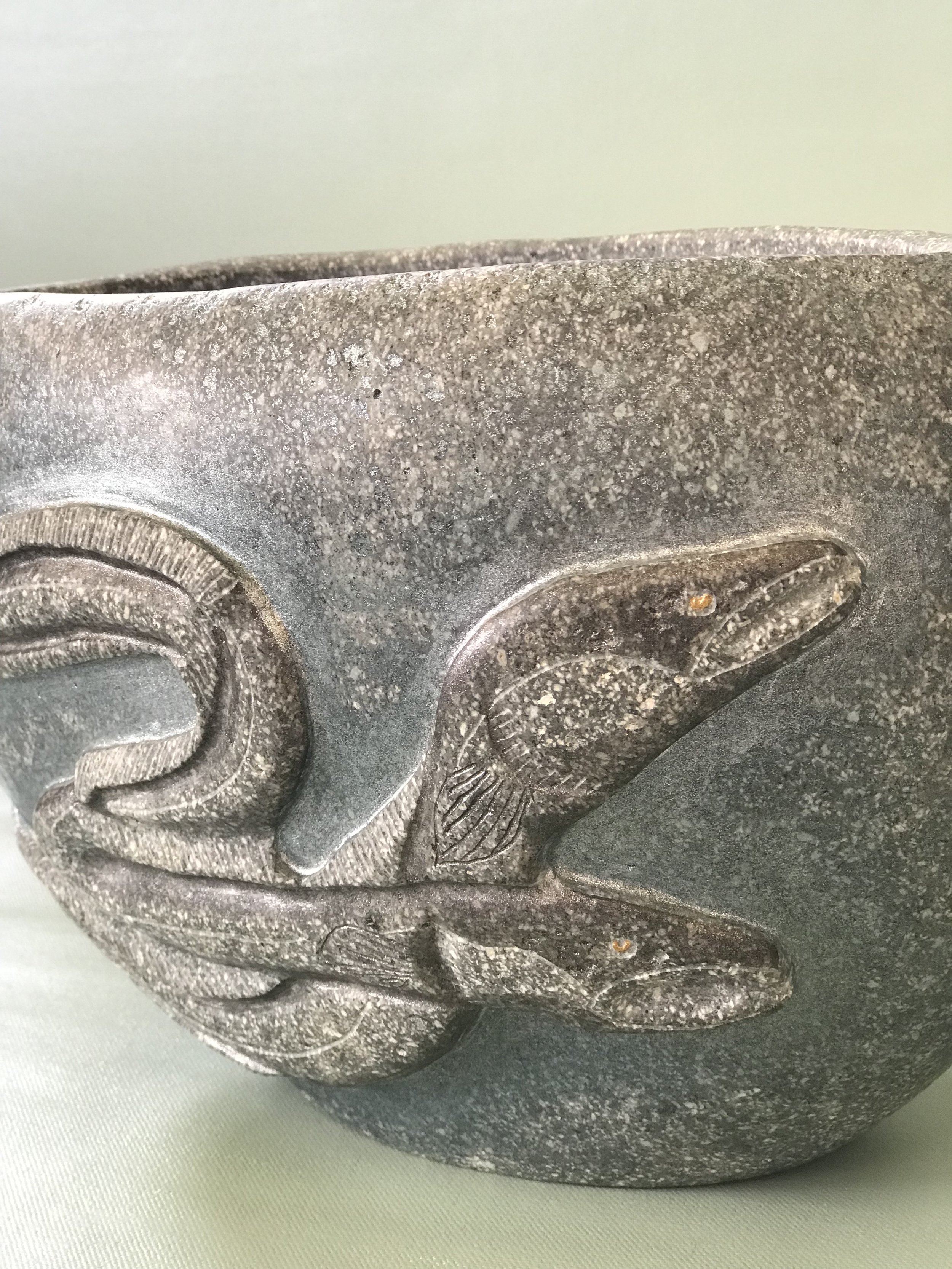 Mystery of Eeels, Vessel, 2021.
Eels in Relief. Andesite, Metallic Acrylic.