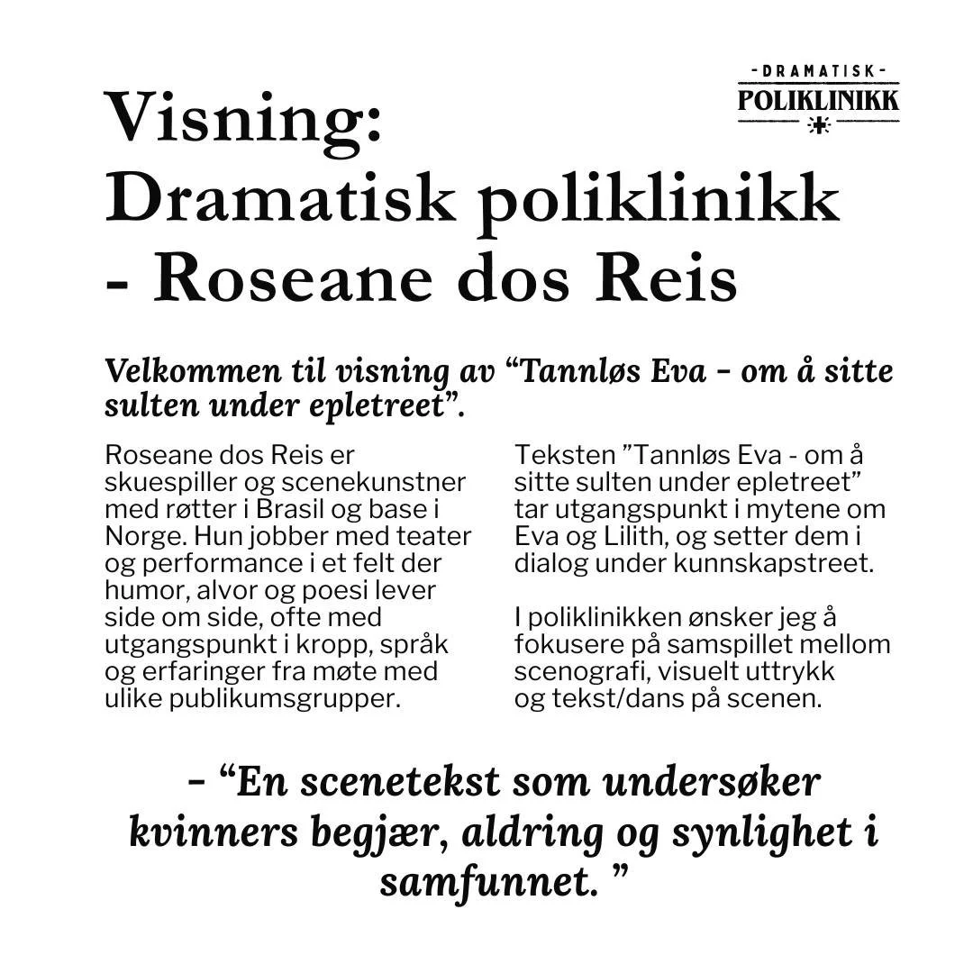 Velkommen til visning av arbeid med teksten &ldquo;Tannl&oslash;s Eva &ndash; om &aring; sitte sulten under epletreet&rdquo;!

Sted: Kilden teater, intimsalen
N&aring;r: 27. februar kl. 19:00-20:30

Om prosjektet:
&rdquo;Tannl&oslash;s Eva - om &arin