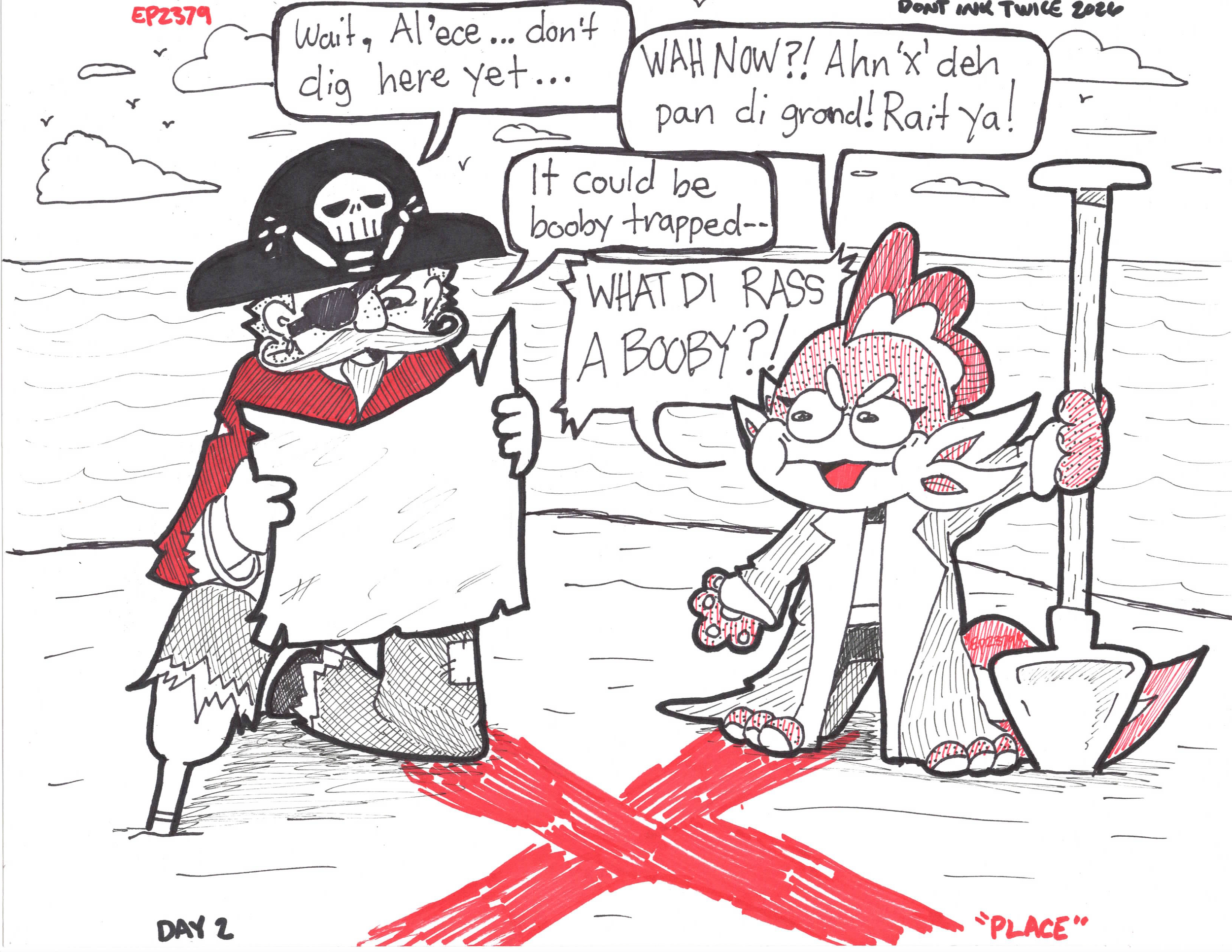 Having a Paranoid Pirate as your mentor really stunts the whole sea-fairing life, that's for sure. For 'Place' I was stumped, but my brain went "a place... like a spot... x marks those" and bam, I'm drawing my favorite Axolotl character, Al'ece.

Get
