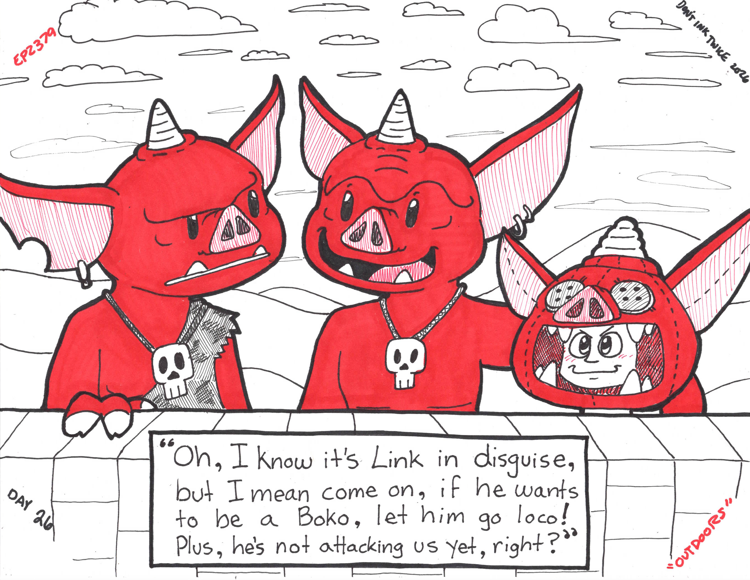 The first time I played BOTW and got the Bokoblin mask, I couldn't help but envision this head-canon of the enemies knowing it's Link but just being cool about it, like "Oh okay, cool, hero wants to pig out, nice" then just go about their business.

