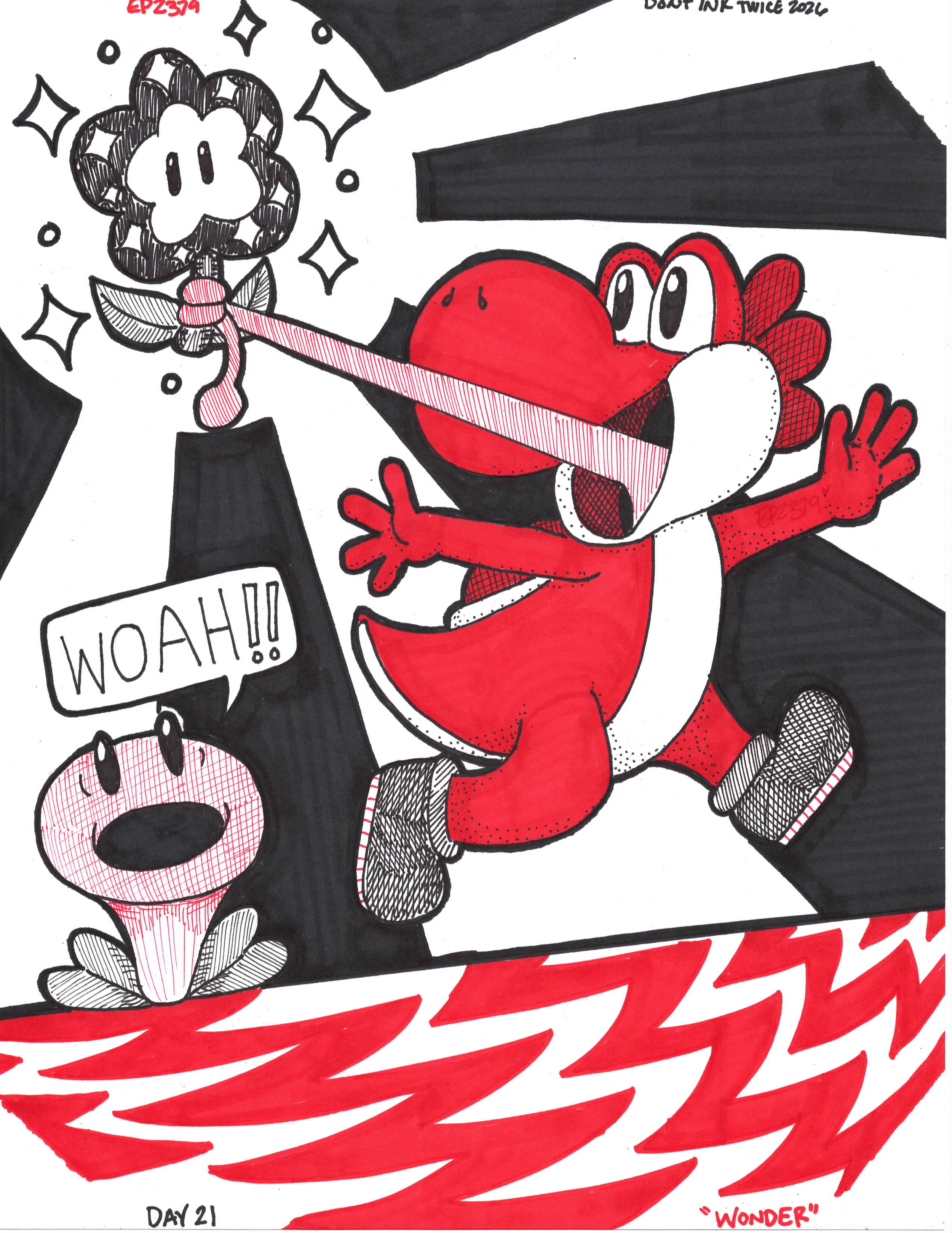 Thank goodness Super Mario Wonder had a Red Yoshi in its catalog of characters, that made the color selection very easy! Seriously though, I always forget how fun Yoshi specifically is to draw.

Feel the magic, Doodlers!
Happy #dontinktwice!