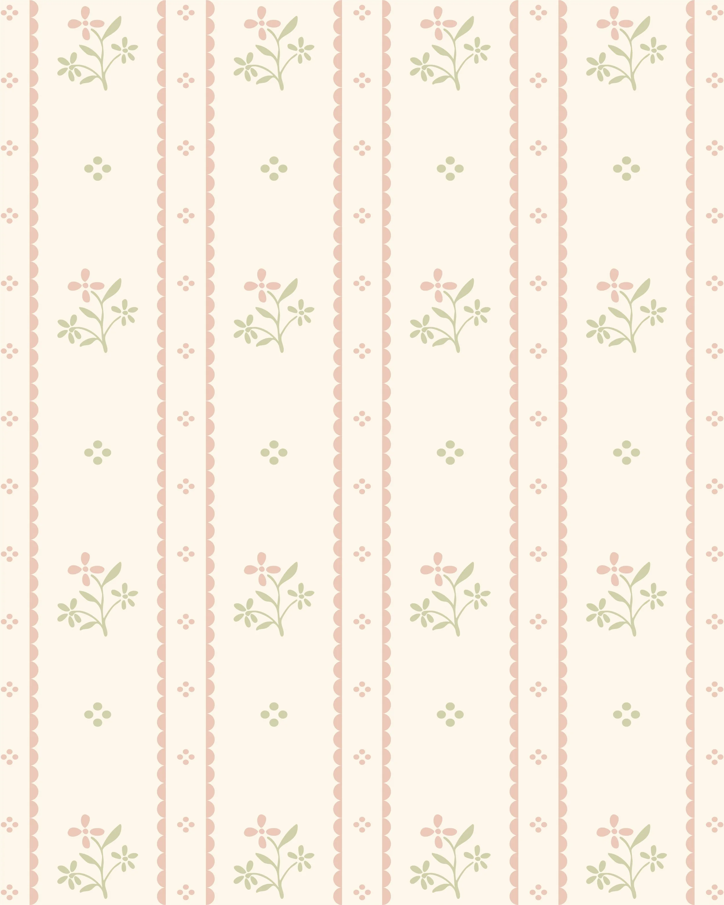 Decorative wallpaper pattern with vertical stripes, light pink scalloped borders, green floral motifs, and small pink and green flowers on a cream background.