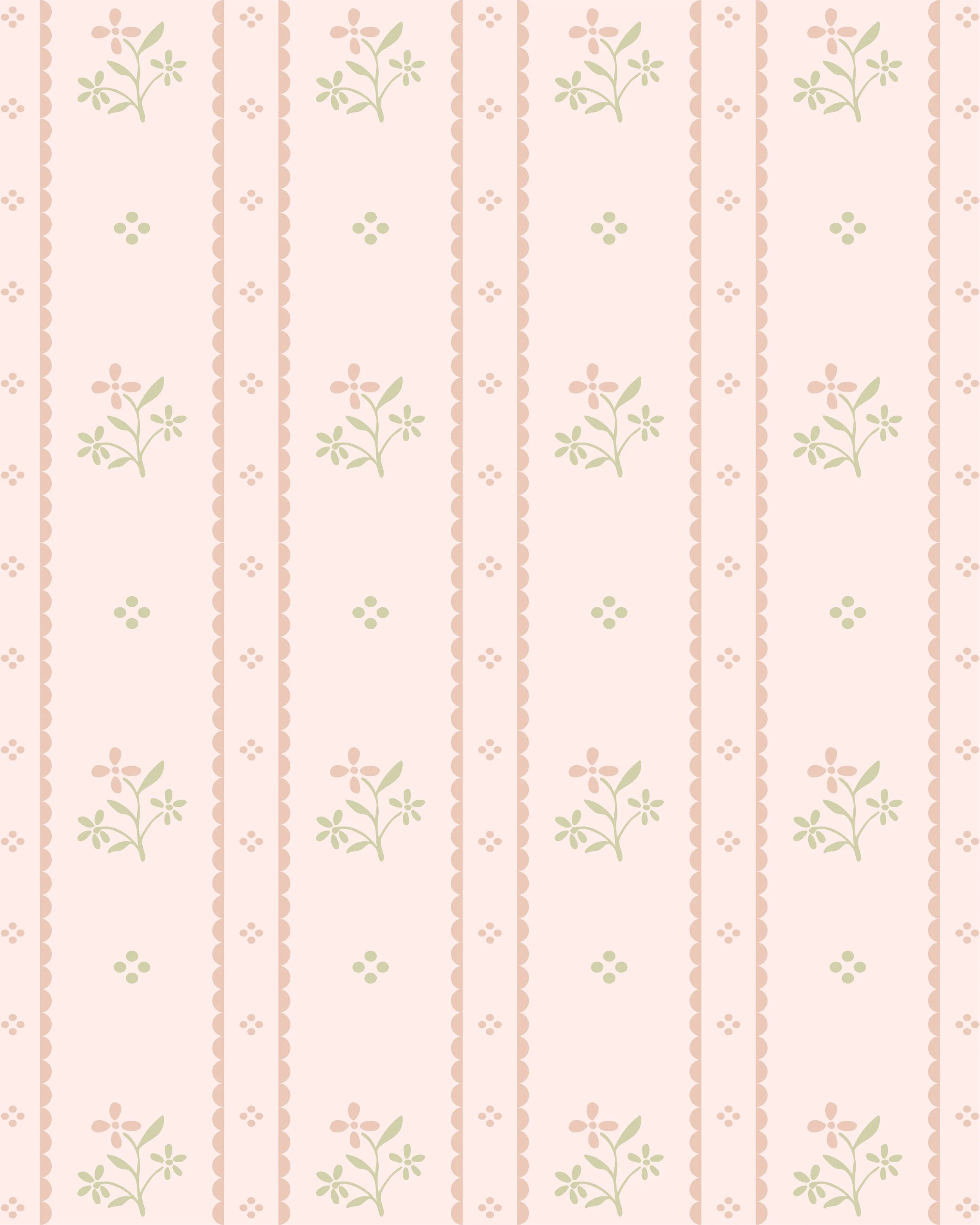 A pink wallpaper with vertical stripes, small green and pink floral motifs, and scalloped edges.