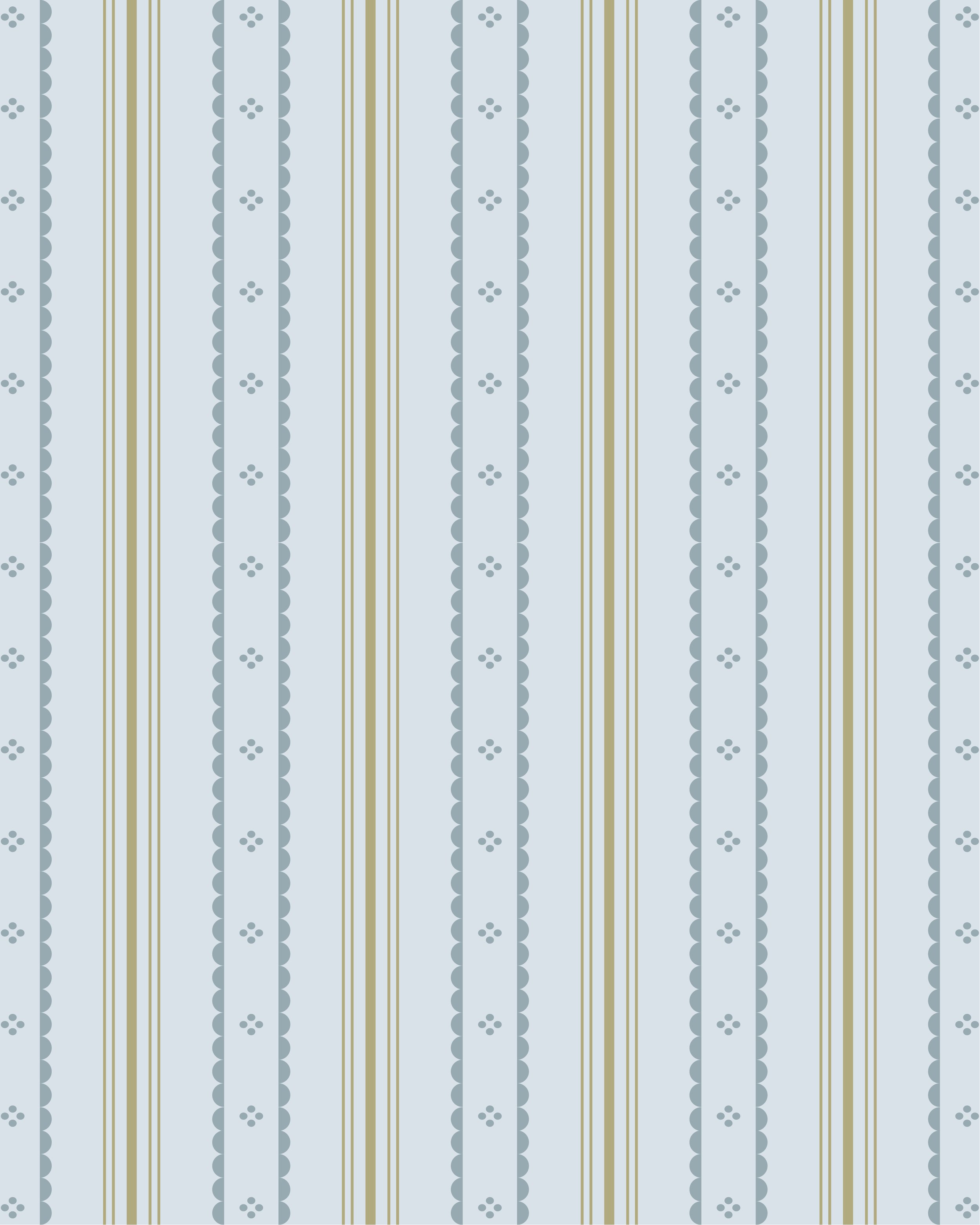 A plain wallpaper with vertical stripes in light blue, grey, and gold, decorated with small floral and scallop patterns.
