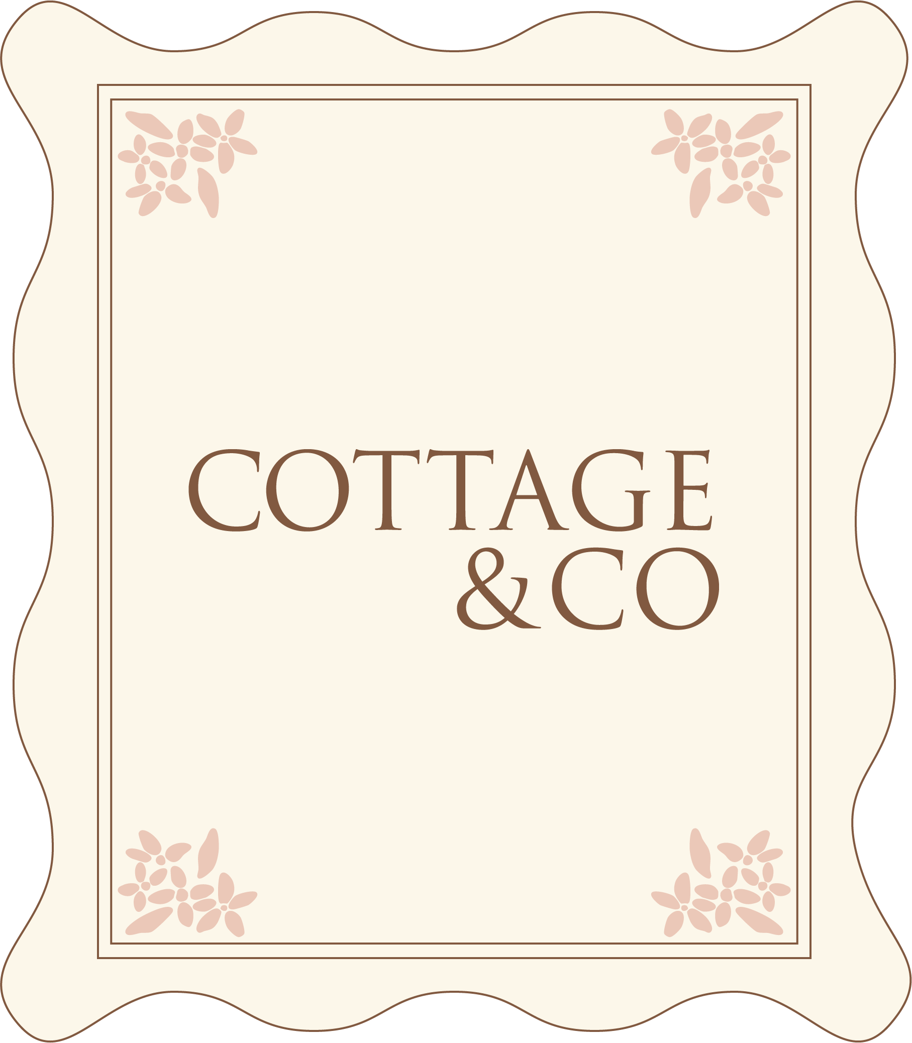A decorative cream-colored sign with a scalloped border and pink floral accents, displaying the words 'Cottage & Co' in brown text.